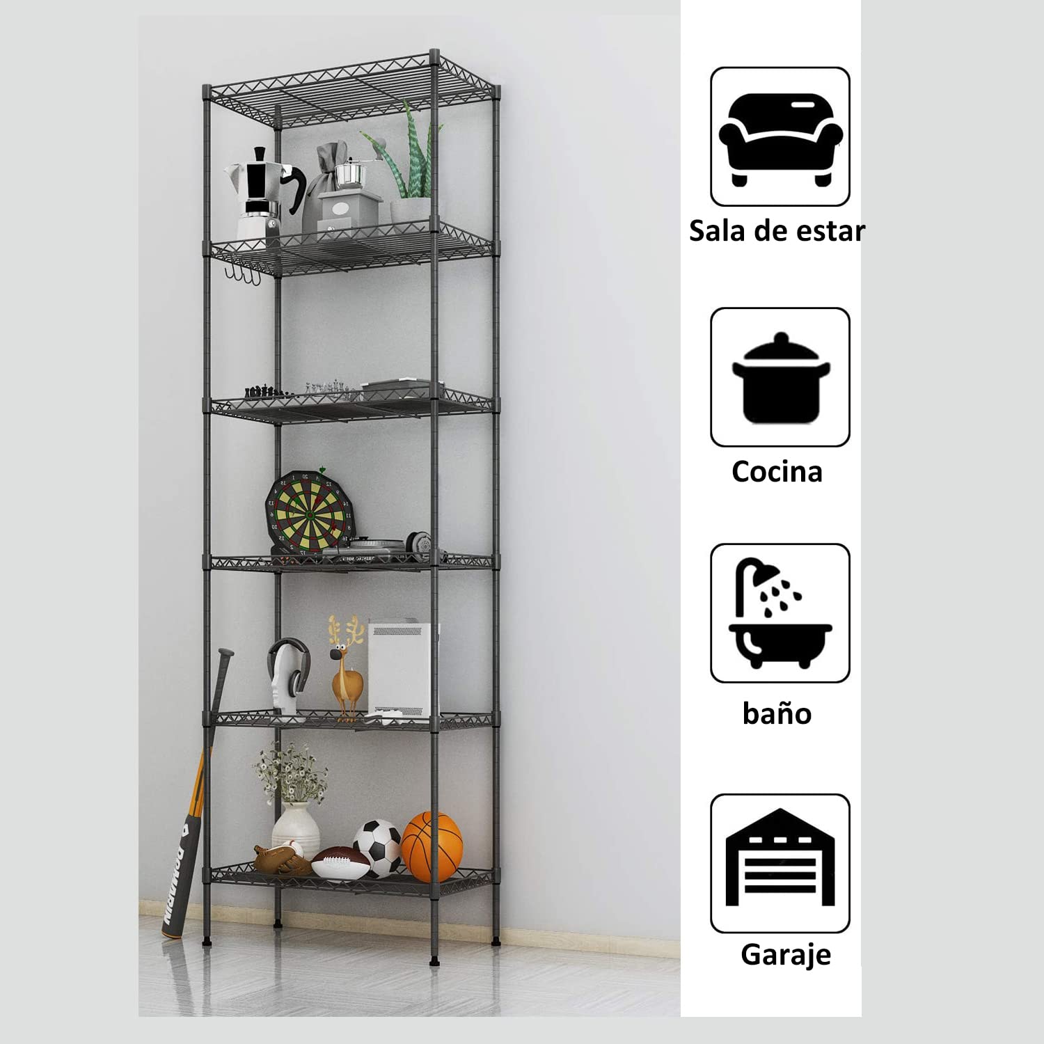 Estanterias almacenaje con 6 baldas,estanteria Metalica con 6 Baldas Ajustables y 4 Ganchos,42 * 30 * 160cm,Negro