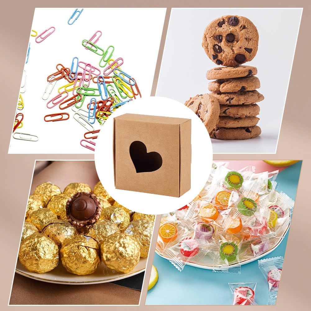30 Pas Kraft Paper Boxes with Heart Window 3x3x1.2 Cardboard