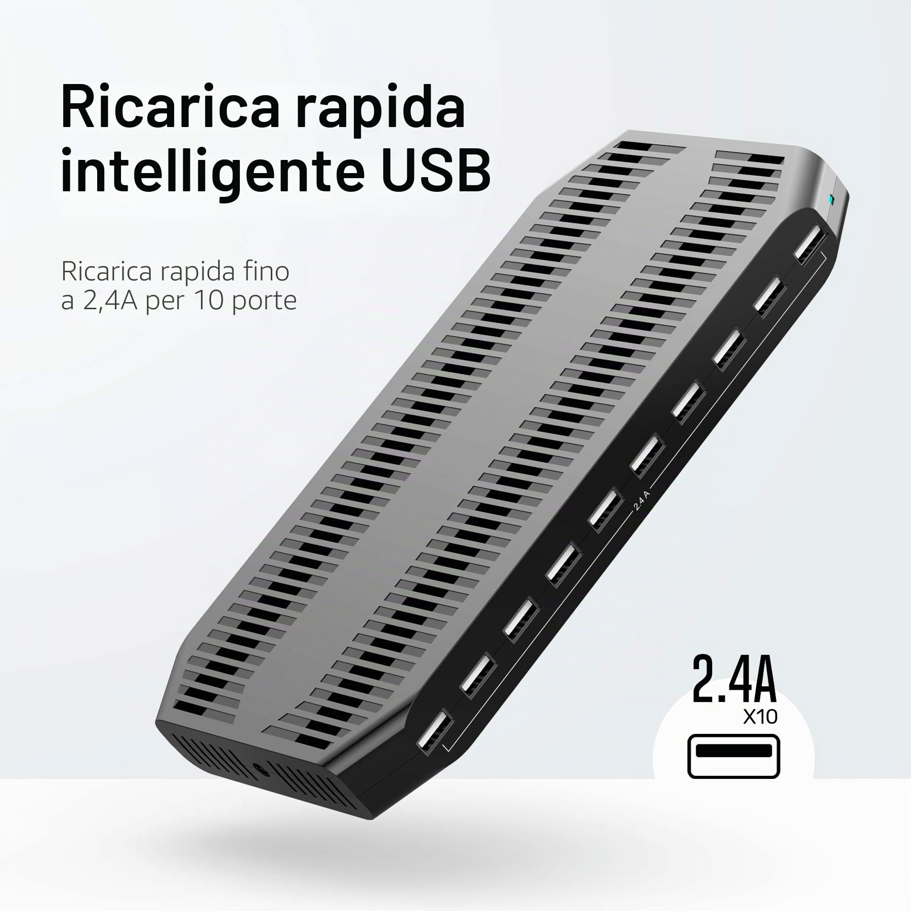 Unitek 60 W stazione di ricarica 10 porte, stazione di ricarica USB multi-dispositivo con separatori regolabili e SmartIC, compatibile con telefono, tablet e altro ancora