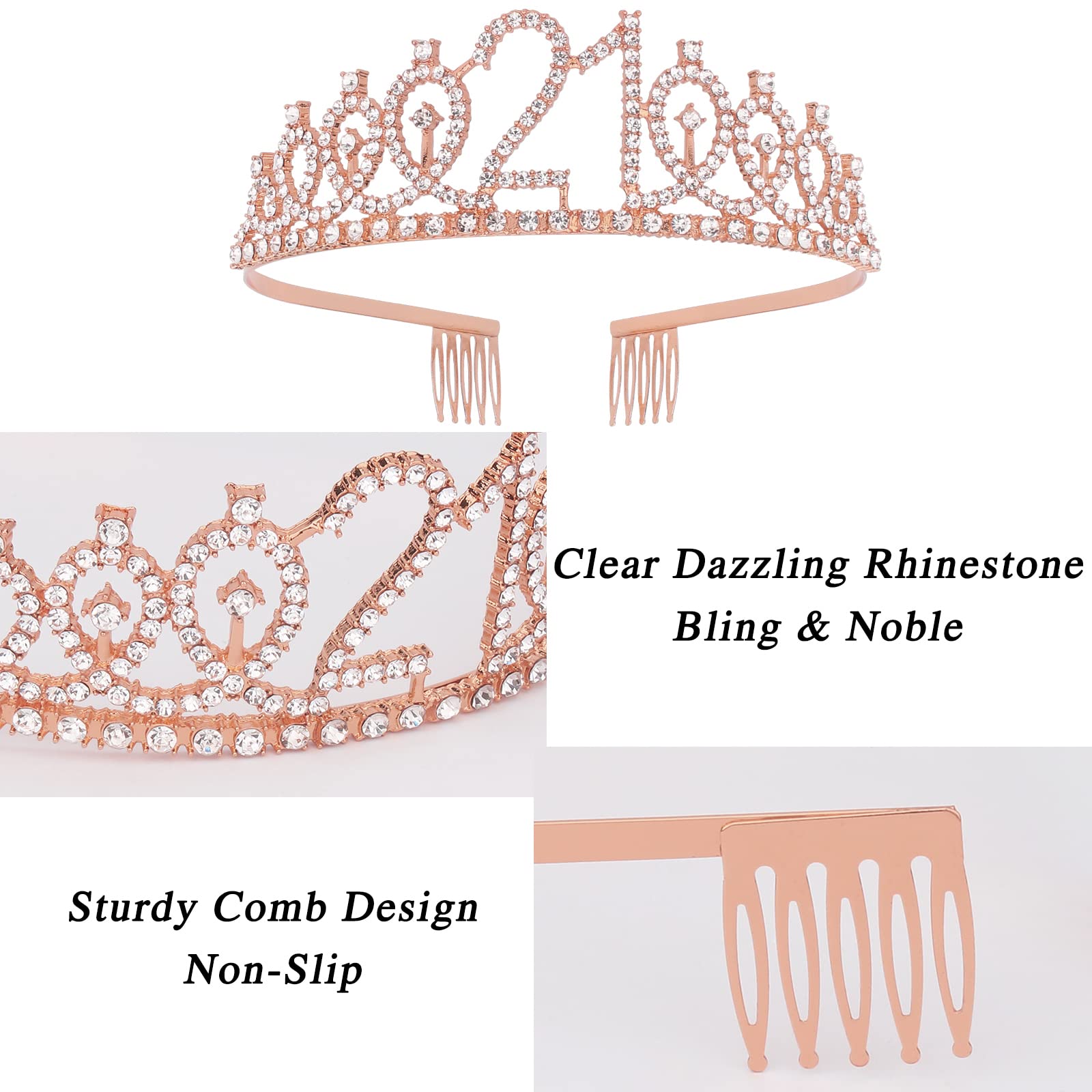 CAVETEE Rose Gold 21st Birthday Sash and Crown Set - Women's Birthday Queen Tiara and Sash
