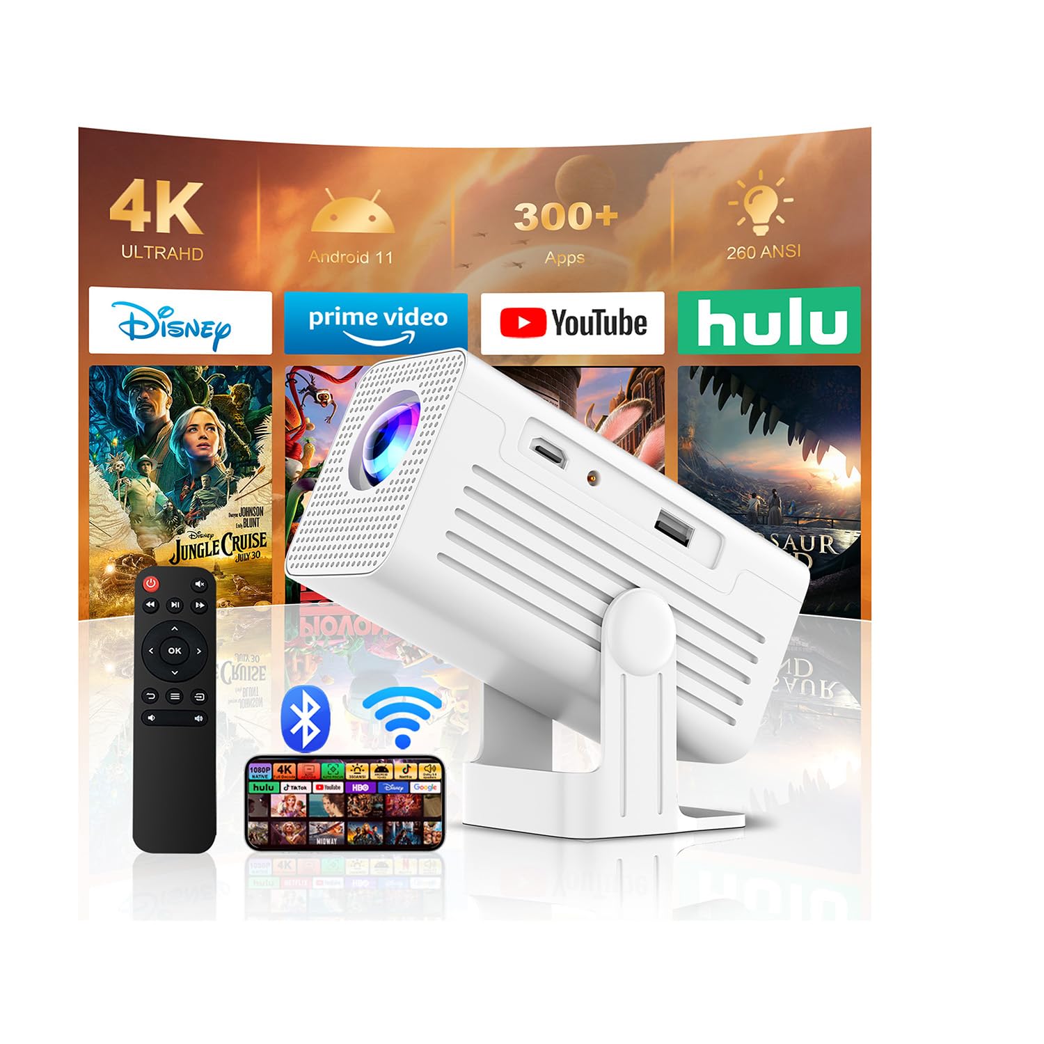 [Smart Projector with Apps] 4K Supported Mini Projector with Wifi and Bluetooth, XENPONAD Movie Projector for Bedroom Celling Camping & Outdoor Use,