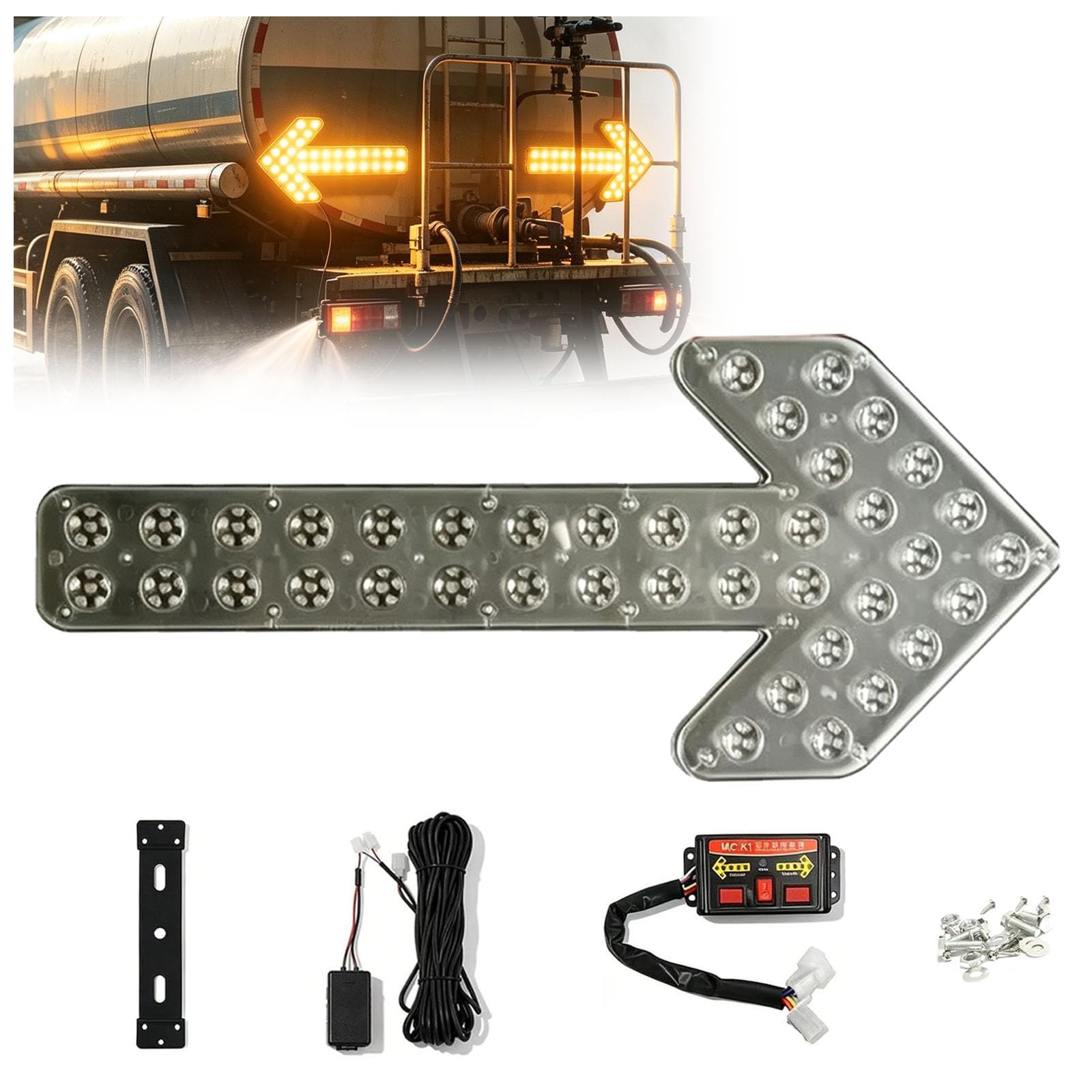 Vehículo LED Flecha Piloto Luz de Señalización Carrito de Riego, 1‑Pack | Frecuencia de Parpadeo: 60-100 veces/minuto, Incluye Accesorios de Instalación, Resistente al Agua, 60CM, 480 LED, 12V-24V