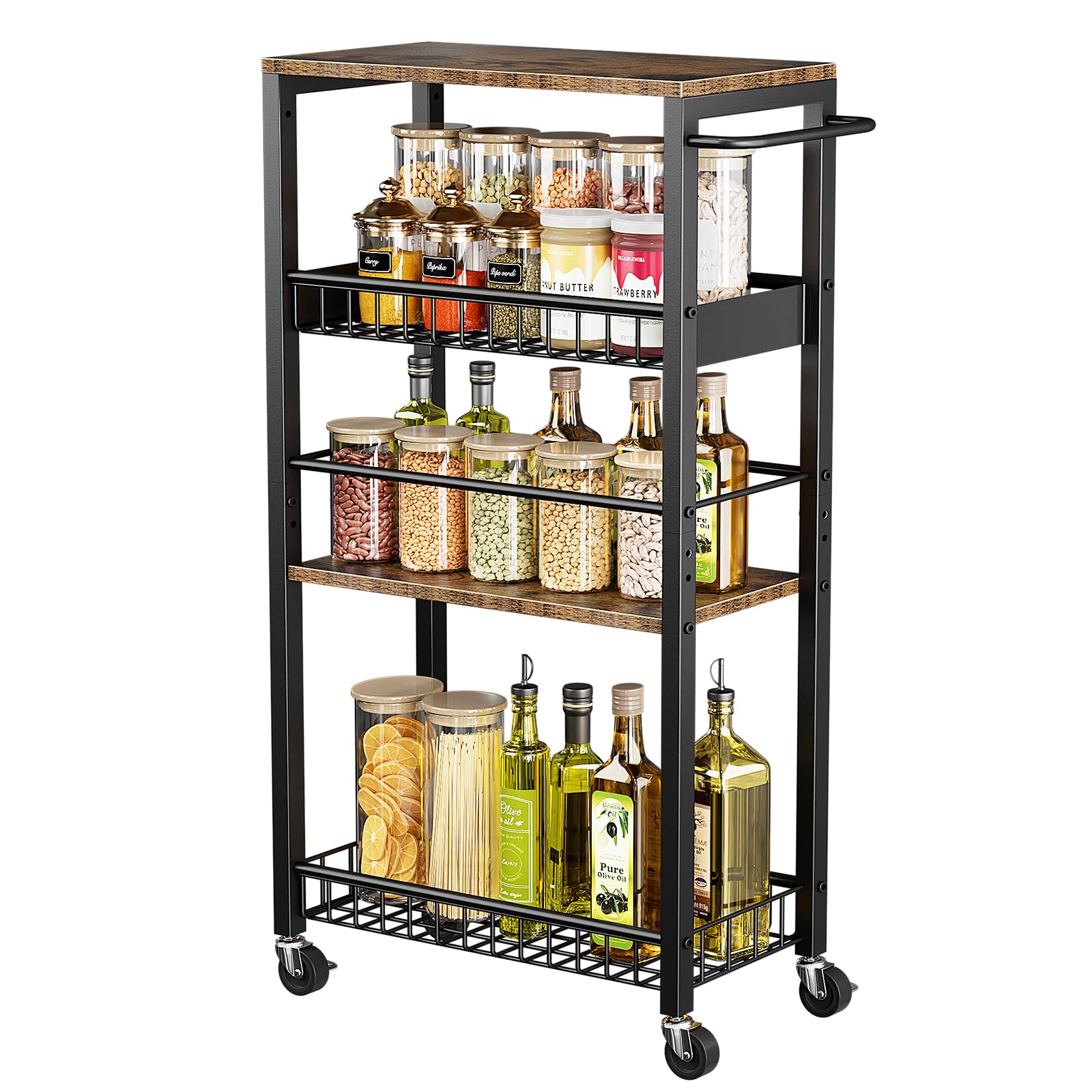 Chariot de Rangement Étroit à roulettes, Petit Chariot à 4 Niveaux avec Poignée, Profondeur 9,1 Pouces, Hauteur Réglable, Étagère Mobile pour Cuisine, Salle de Bain, Buanderie, Noir + Marron