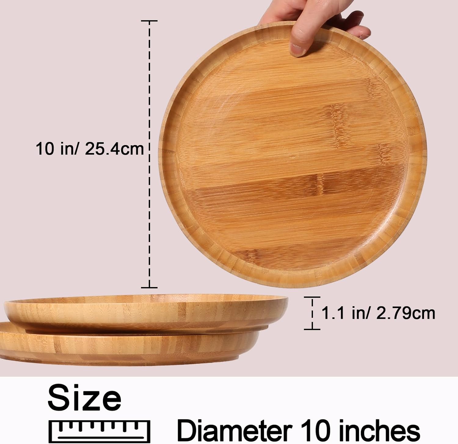 Bamboo Wooden Dinner Plates Set of 2, 10 inch Decorative Serving Tray for Coffee Table and Home Decor, Round Serving Platters and Trays for Pasta/Fruit/Charcuterie, Reusable Charger Plates