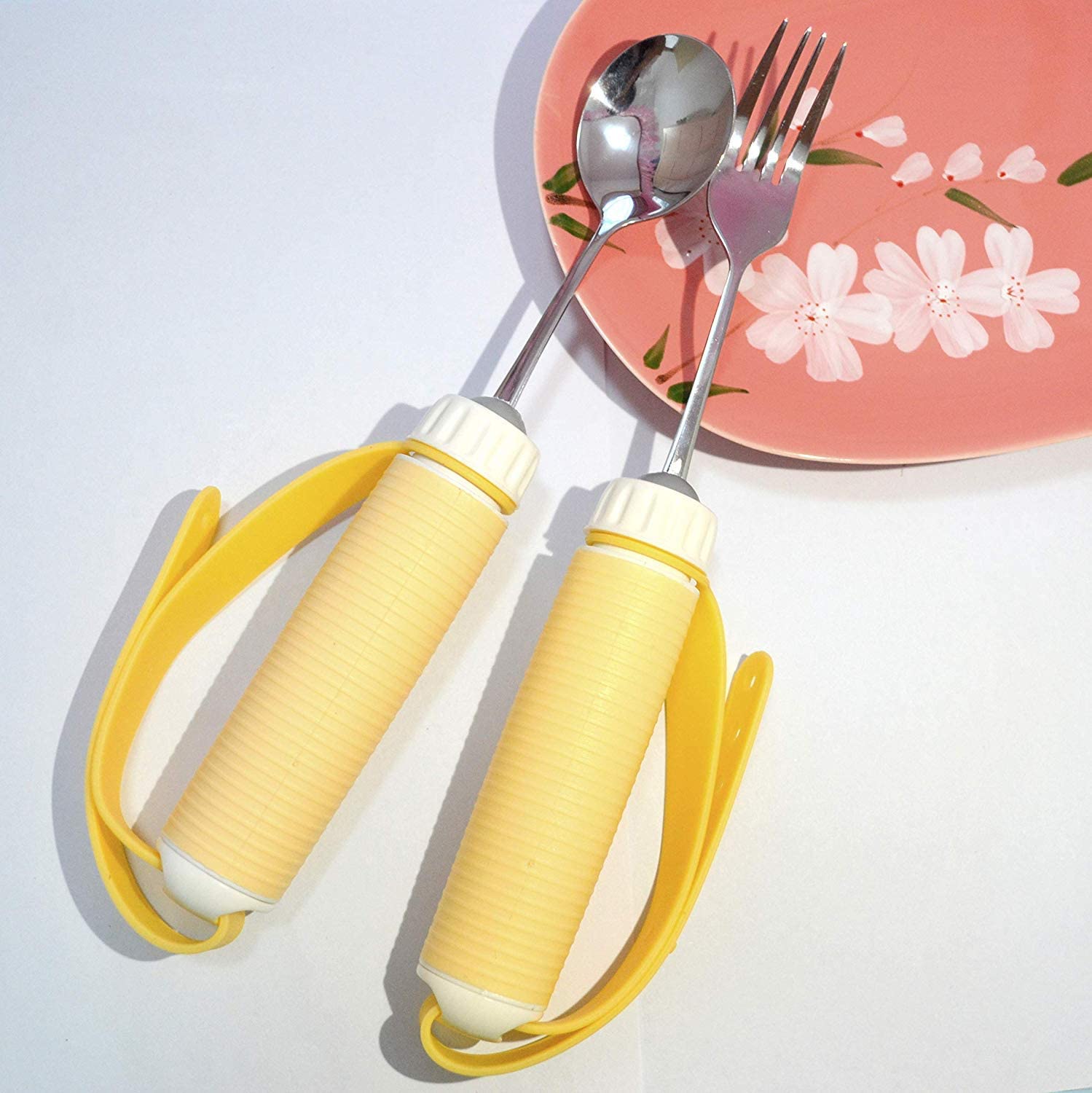 Kit de Cuchara y Tenedor Giratorio de 360 ° - Cubiertos curvos para Ancianos, Artritis, derrame Cerebral y Agarre débil - Utensilio para Comer adaptativo (Paquete de 2)