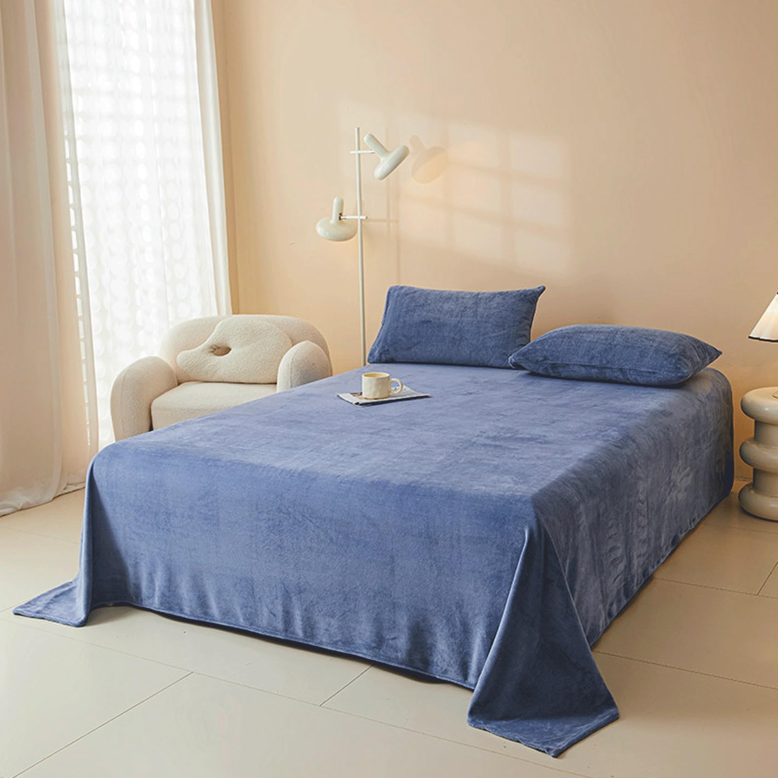Fleece Bettlaken 180x245cm bis 350x245cm Plüsch Warm Samt Kuschelige Winter Betttuch Flanell Laken ohne Gummizug(Blue A,270x245cm)