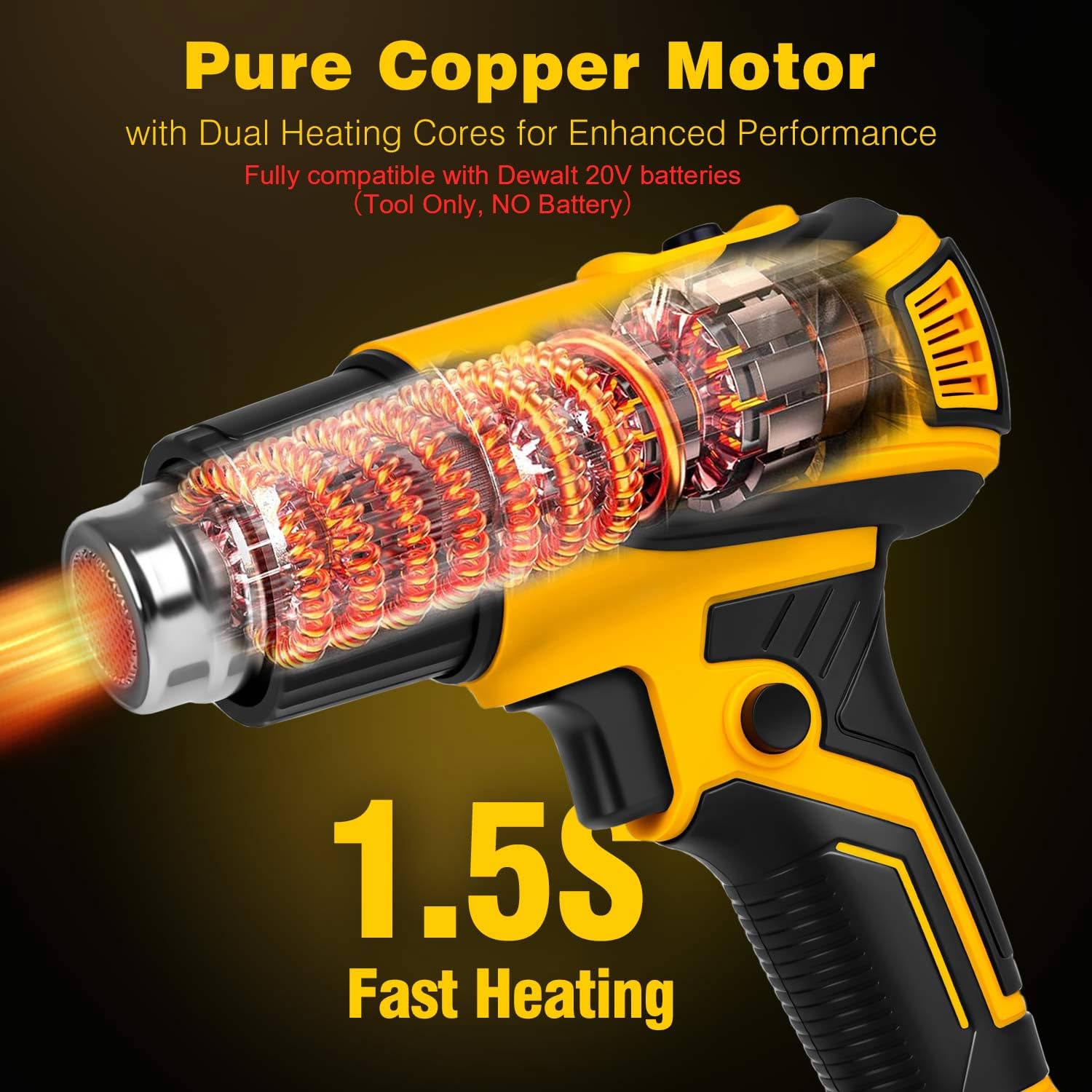 Bezprzewodowa opalarka kompatybilna z akumulatorem Dewalt 20 V, wyświetlacz LCD 350 W, ustawienie 2-temperaturowe (48.9 °C-598.9 °C), 4 dysze, przenośny pistolet na gorące powietrze do rur