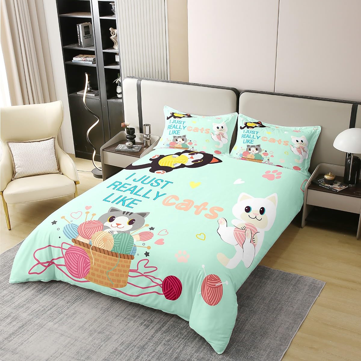 Richhome Multi 17 Cute Cats Bedding Set Cartoon Paw Print Duvet Cover Set Kitten Playing Ball Of String Comforter Cover Set Mint Green Bedspread Cover Bedroom Quilt Cover 2Pcs Single 100% Cotton