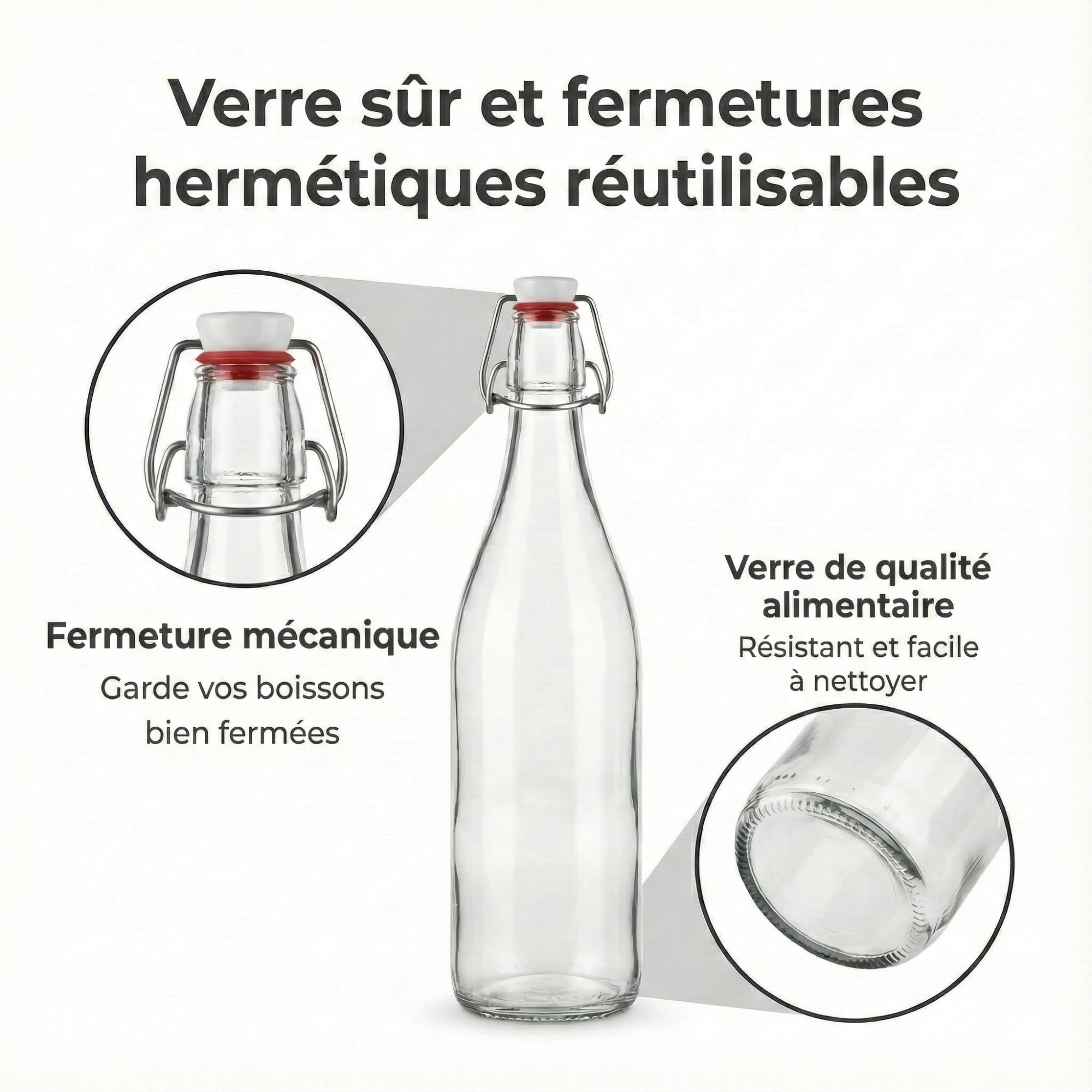 myFERMENTS Kit 6 Bouteilles 750ml en Verre Épais avec Bouchon Mécanique Hermétique | Set Complet Fermentation Bière Kombucha Kéfir Huile | Entonnoir 10cm, Tissu 50x50cm, Joint Porcelaine