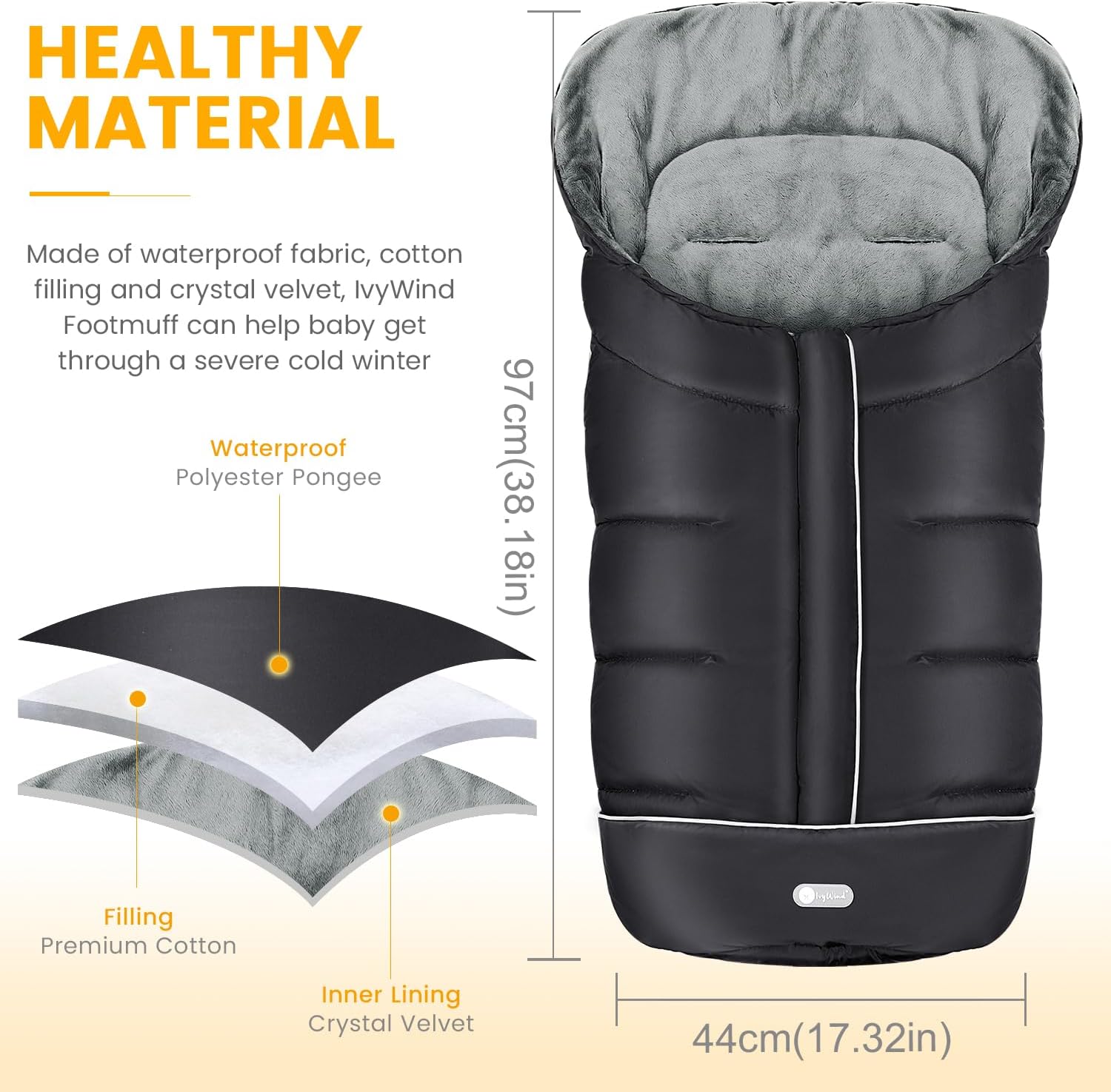 IvyWind Stroller Footmuff Universal, Warm Stroller Cover for Winter, Waterproof Baby Stroller Bunting Bag, Toddler Stroller Winter Sack for Cold Weather, Black - Image 6