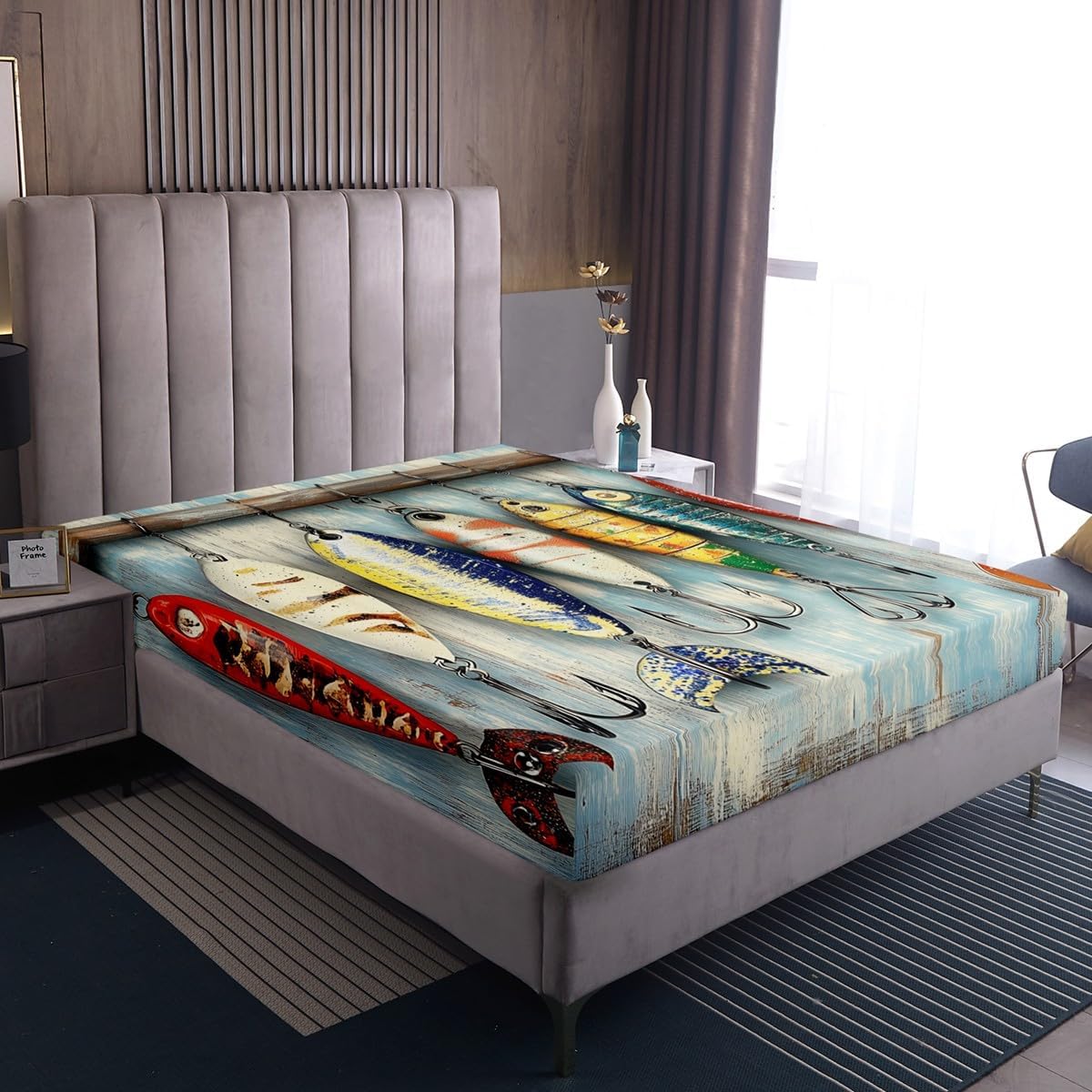 Feelyou Colorful Fish Sheets Fish Hook Fishing Theme Bedding Set Kids Boys Girls Wild Animal Bed Sheets Wood Print Sheets Set Bedroom Collection 4Pcs Full,1 Fitted Sheet+2 Pillow Sham+1 Flat Sheet