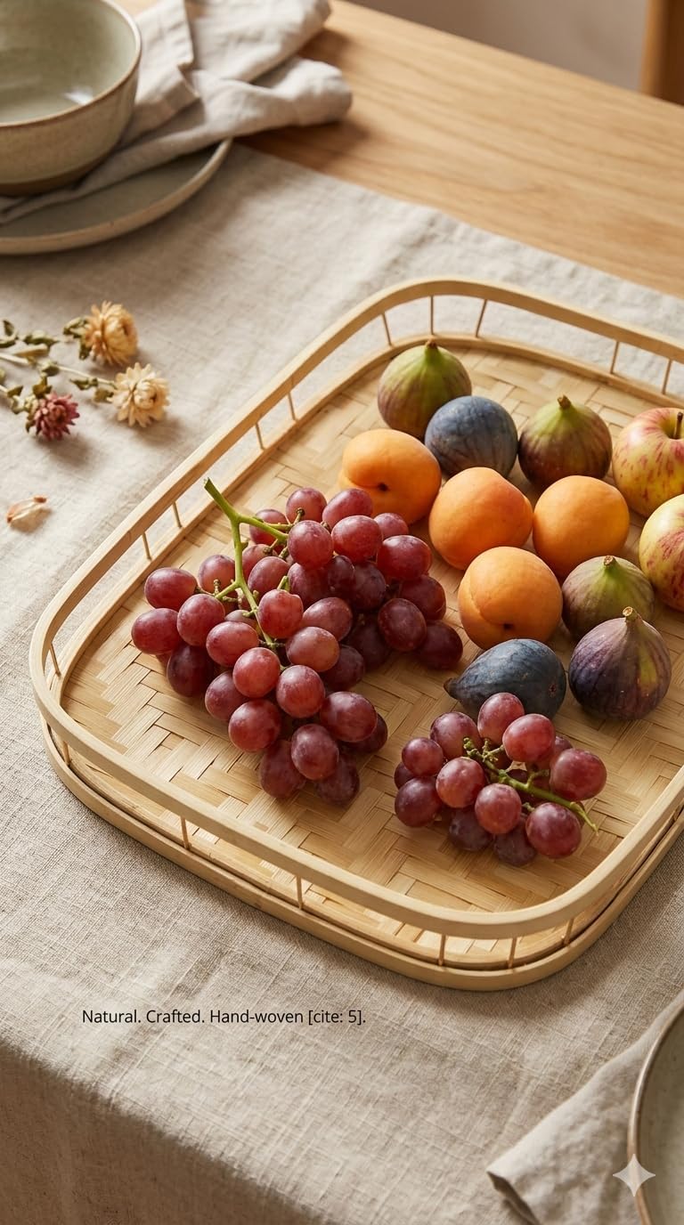 Rectangular Bamboo Wicker Serving Trays with Handles, Handwoven Coffee Trays for Coffee, Breakfast, Bread, Food, Dish and Decorative Tray for Dining Table (1)