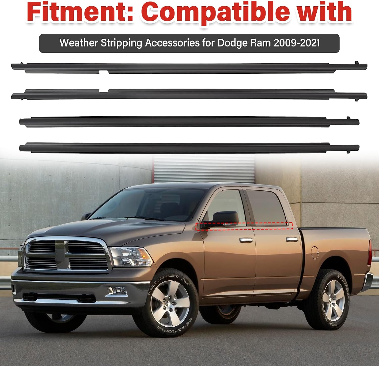 Weather Stripping Window Moulding for Dodge Ram 1500 2500 3500 4500 5500 Crew Cab 2009-2021, Windows Weatherstrip Seal Exterior Trim, Replaces 55372139AH 55112377AH 55112376AH 55372138AH