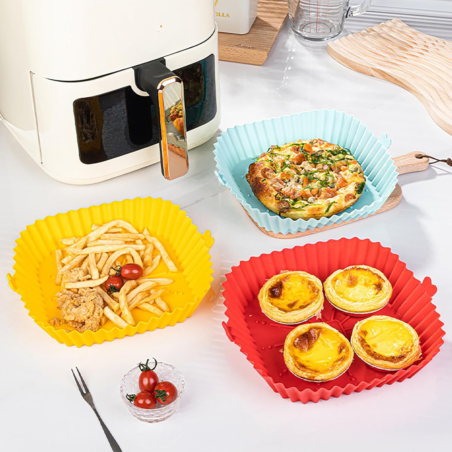 3 PACK Square Silicone Air Fryer Liners,Reusable Non-Stick Food Bowls Baskets for 4 to 7 QT Air Fryer Pot,Oven,Microwave (Yellow+Red+Green)