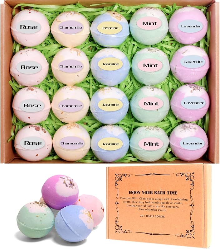 SEWEYES Kit com 20 Bombas de Banho, Fragrâncias de Rosa, Lavanda, Menta, Camomila e Jasmim, Manteiga de Karité e Óleo de Argan