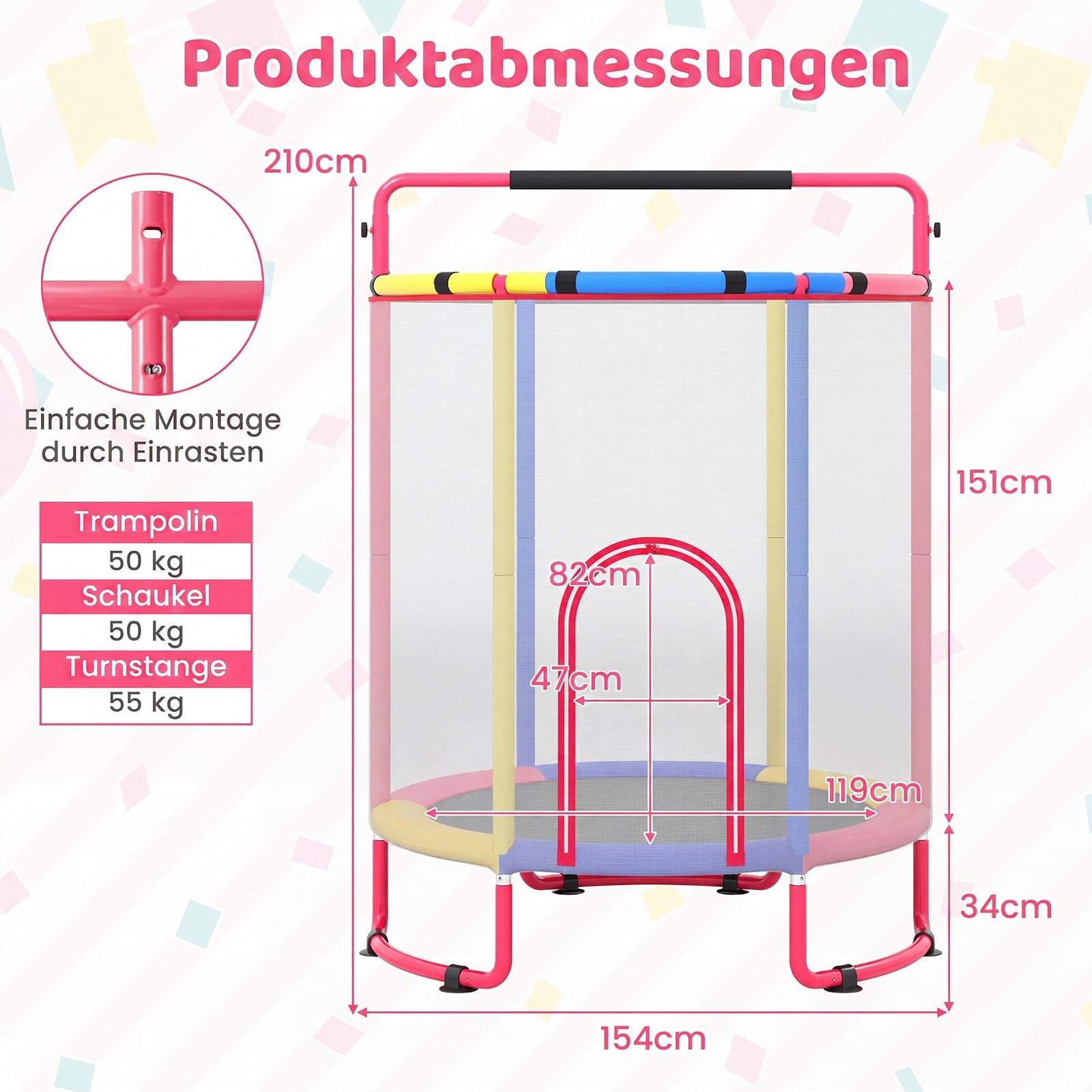 COSTWAY 6 in 1 Kindertrampolin mit Sicherheitsnetz | Trampolin Kinder mit Schaukel, Basketballkorb, Turnstange, Dartscheibe & Barren, Gartentrampolin für Indoor & Outdoor