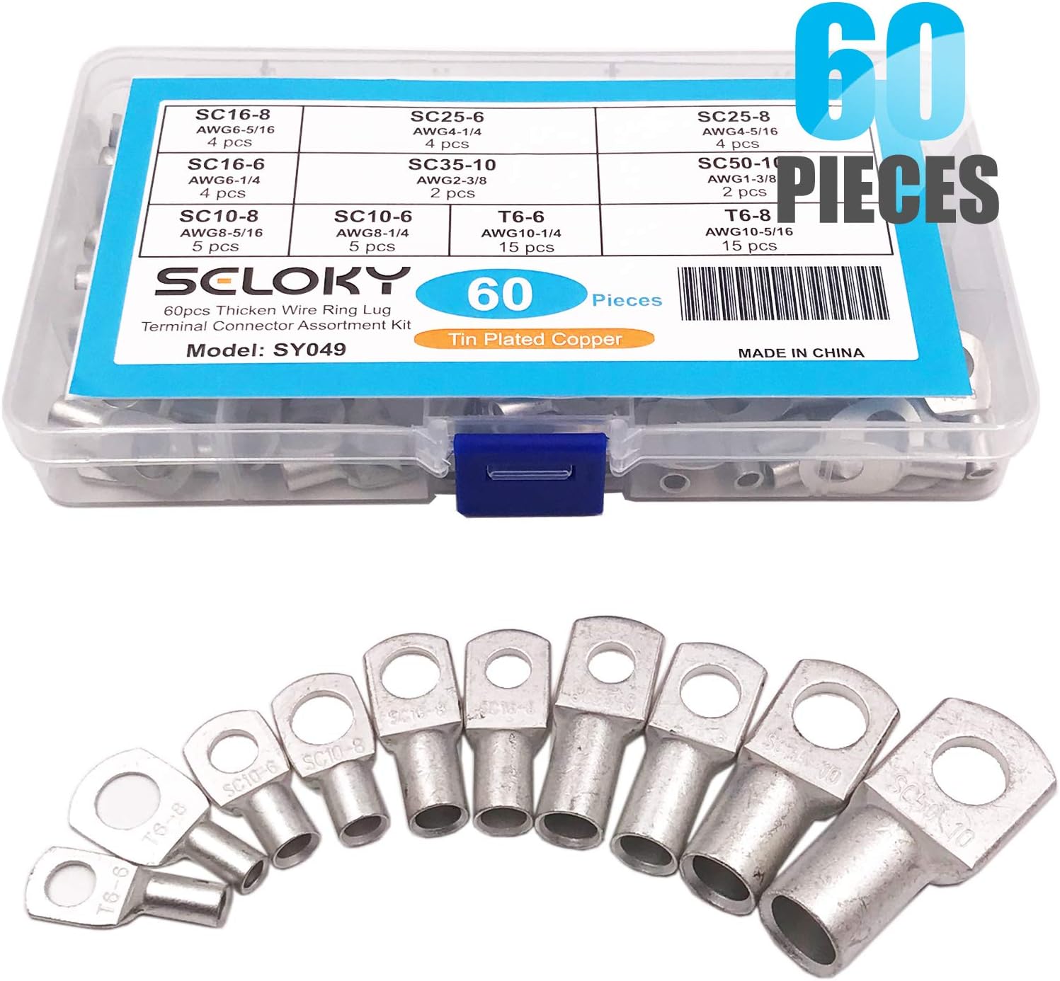Seloky 60pcs Wire terminals Connector Cable lugs Battery SC Terminals Glimpse of Mouth,Bolt Hole Tinned Copper Terminals Set(Thick Type)