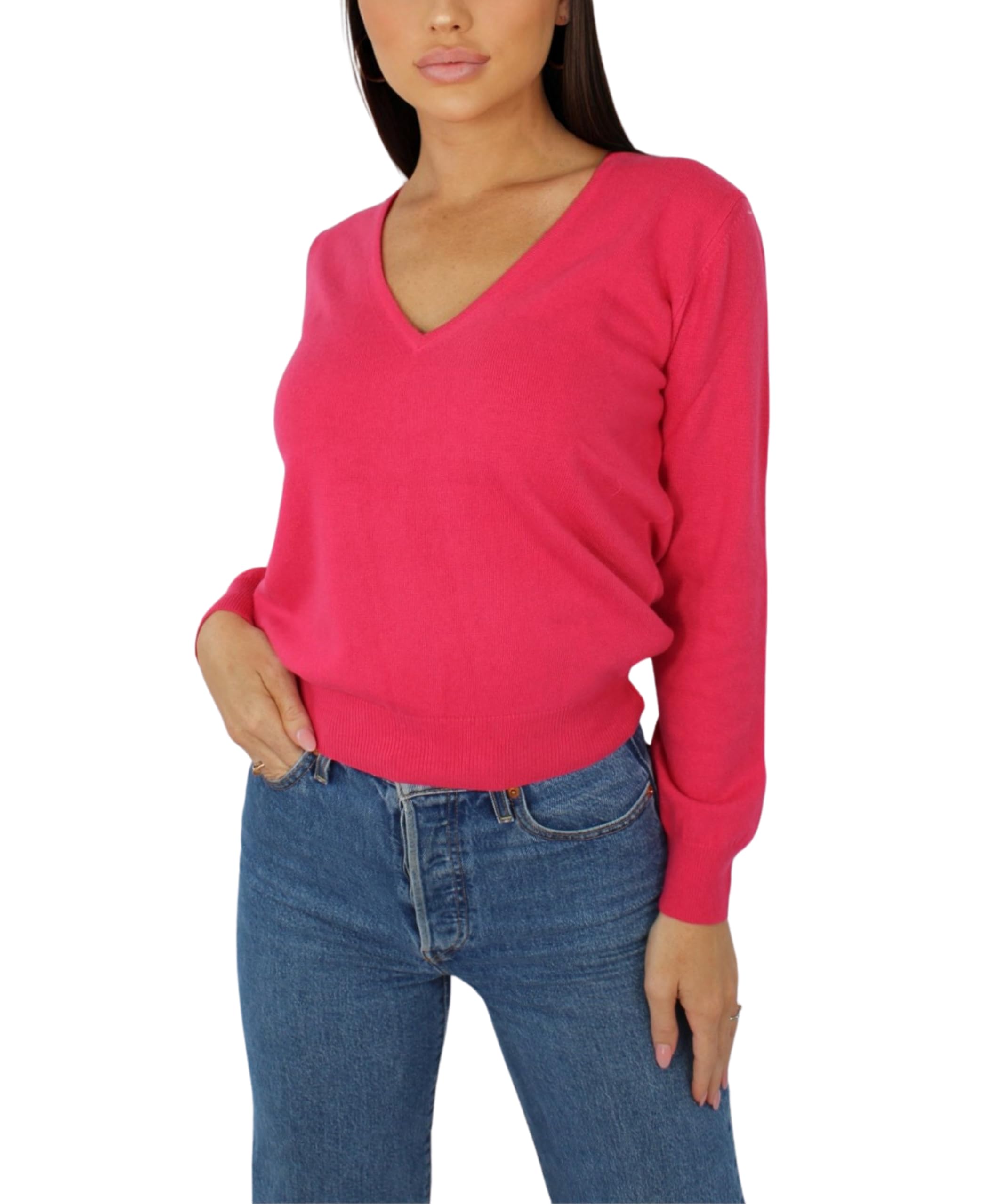 Win's Women's Cashmere V-Neck Sweater, Made in Italy, Pink, L
