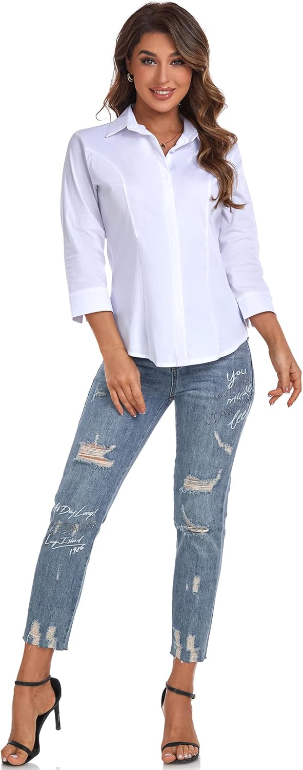 Atnlewhi Women's Button Down Shirts 3/4 Sleeve Business Stretch Work Office Formal Casual Blouse Tops - Image 7
