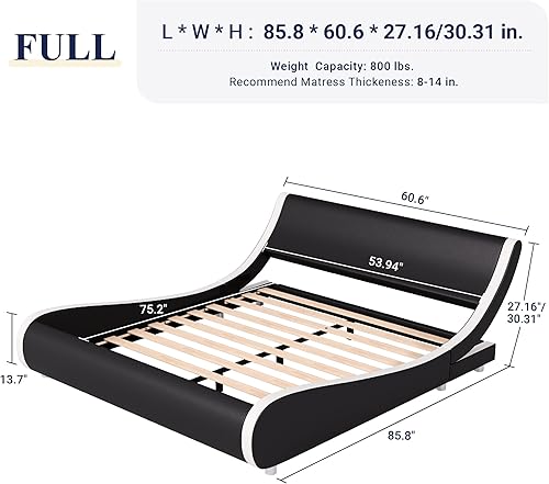 Miniatura 25 de Allewie Base de cama tapizada de tamaño matrimonial, moderna cama de trineo de perfil bajo con cabecera ajustable de piel sintética, soporte de