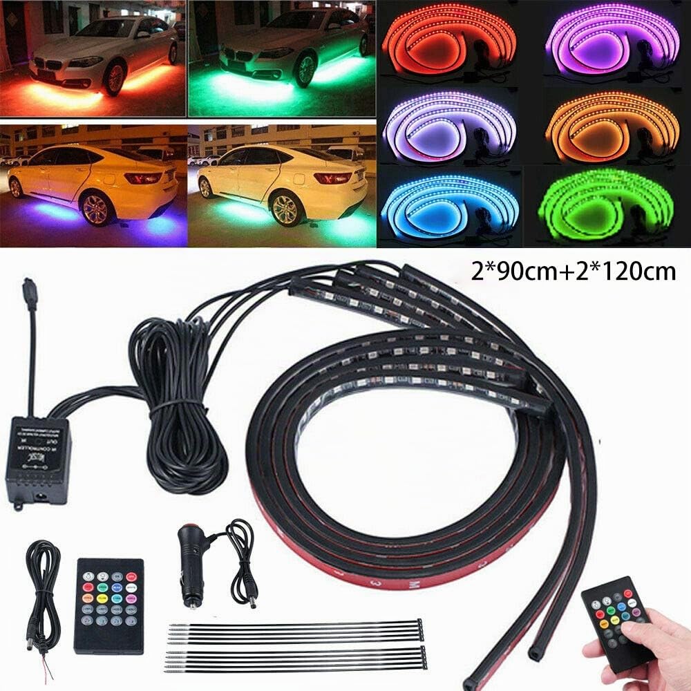 4pcs 12V Bandes de néon LED RVB internes de Voiture avec contrôle de la Musique de Couleur réglable, Lampes à Tube Lumineux sous la carrosserie, Noir