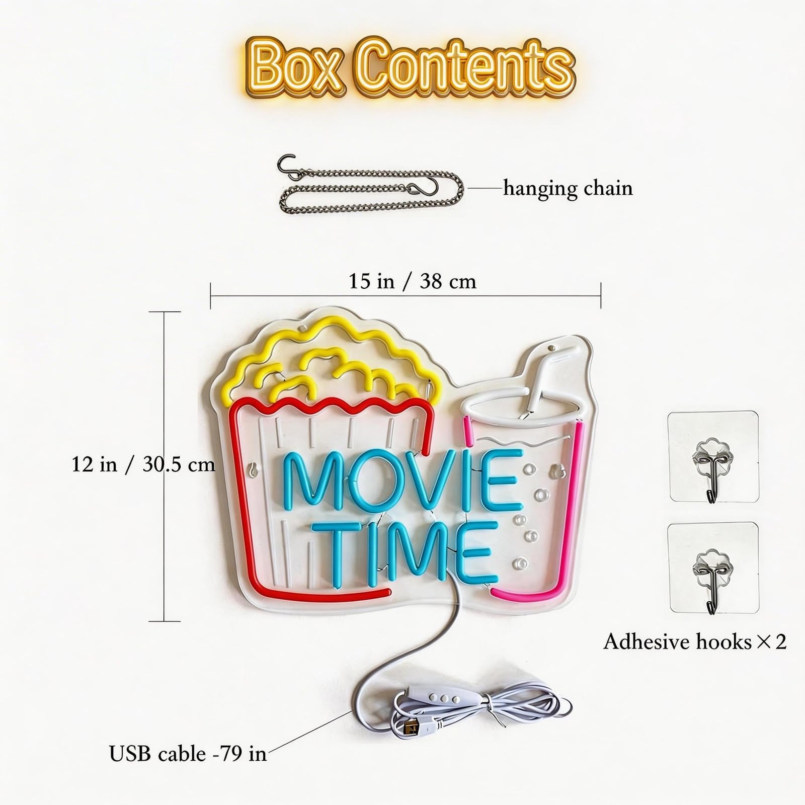 Movie Time - Insegna al neon con popcorn e bevande, luce LED dimmerabile per Home Theater e cinema, decorazione per la camera da letto, regalo per gli amanti del cinema (38 x 30 cm)