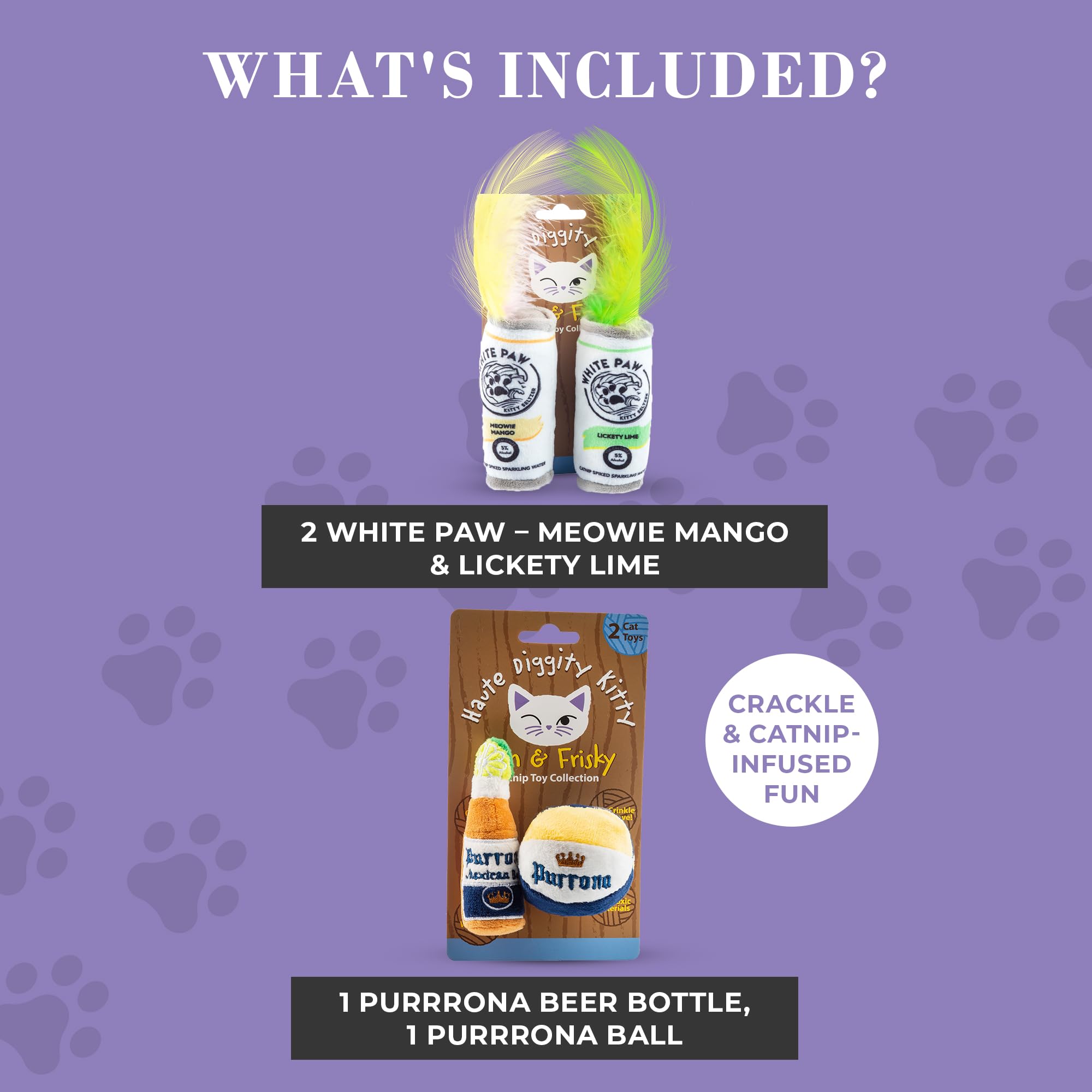 Haute Diggity Kitty Biała łapa mango i limonka + purrrona zestaw butelek piwa i piłek, pluszowe zabawki dla kota kocimiętka wypełniona interaktywnym dźwiękiem trzaskania, bezpieczne i trwałe zabawki