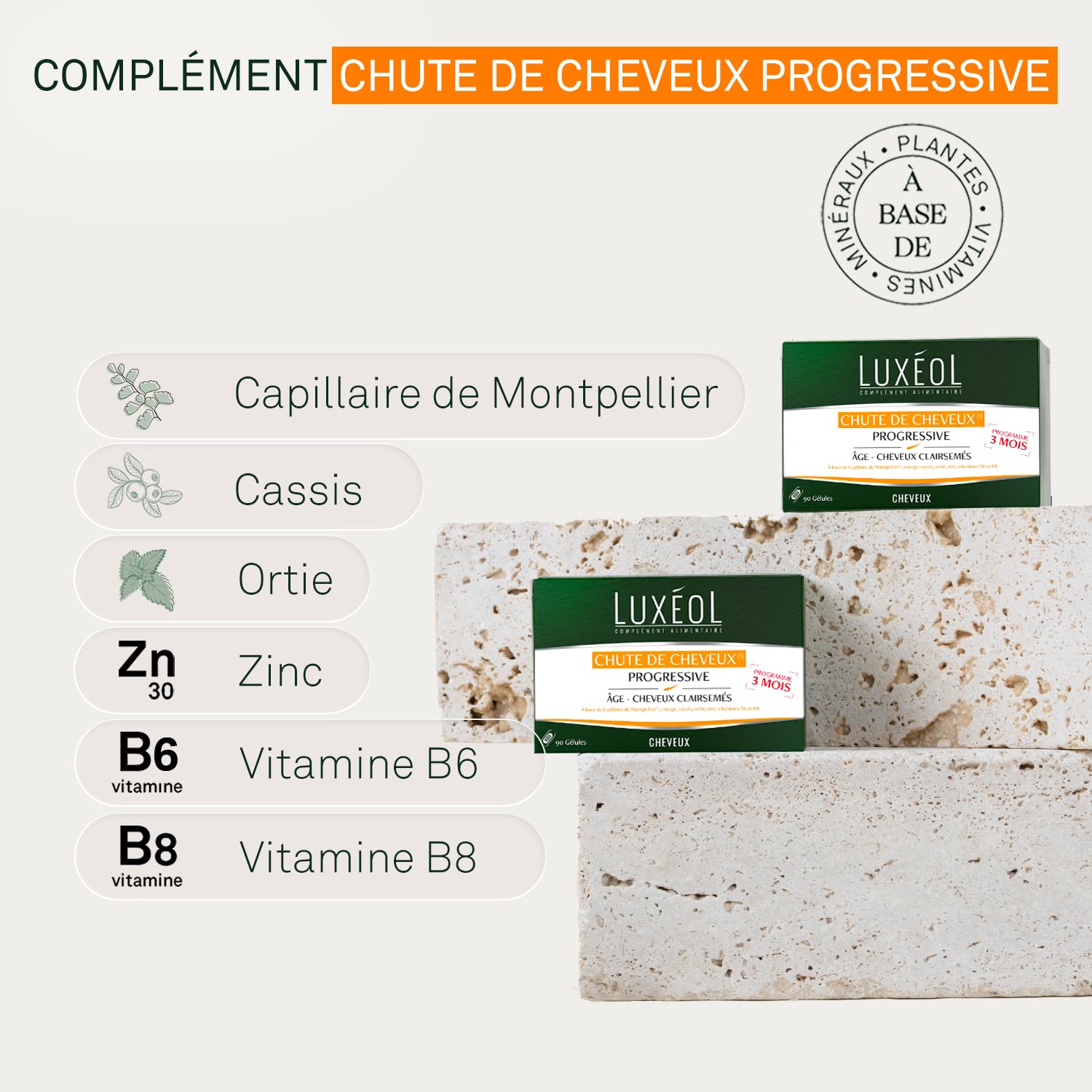 Luxéol - Complément Alimentaire Chute de Cheveux Progressive 90 Capsules - Soin Quotidien - Prévention de la Chute - Ingrédients Végétaux et Expertise Française - Fortification Naturelle