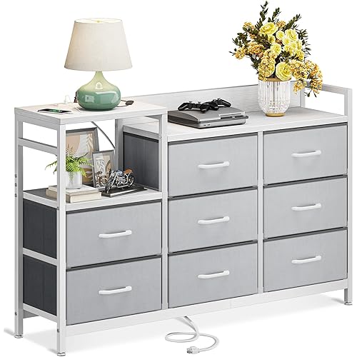 ODK Dresser with Charging Station, 52-Inch Long Dresser for Bedroom with 8 Storage Drawers, Fabric Dressers Chests of Drawers with Sturdy Steel Frame and Wooden Top, White and Light Grey