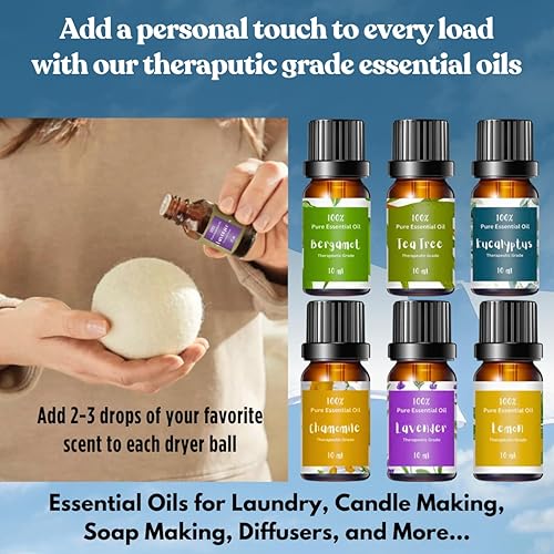 Miniatura 6 de Juego de bolas secadoras de lana y aceites esenciales para lavandería, 4 bolas de lana orgánica XL y 6 aceites de aromaterapia 100% puros de grado
