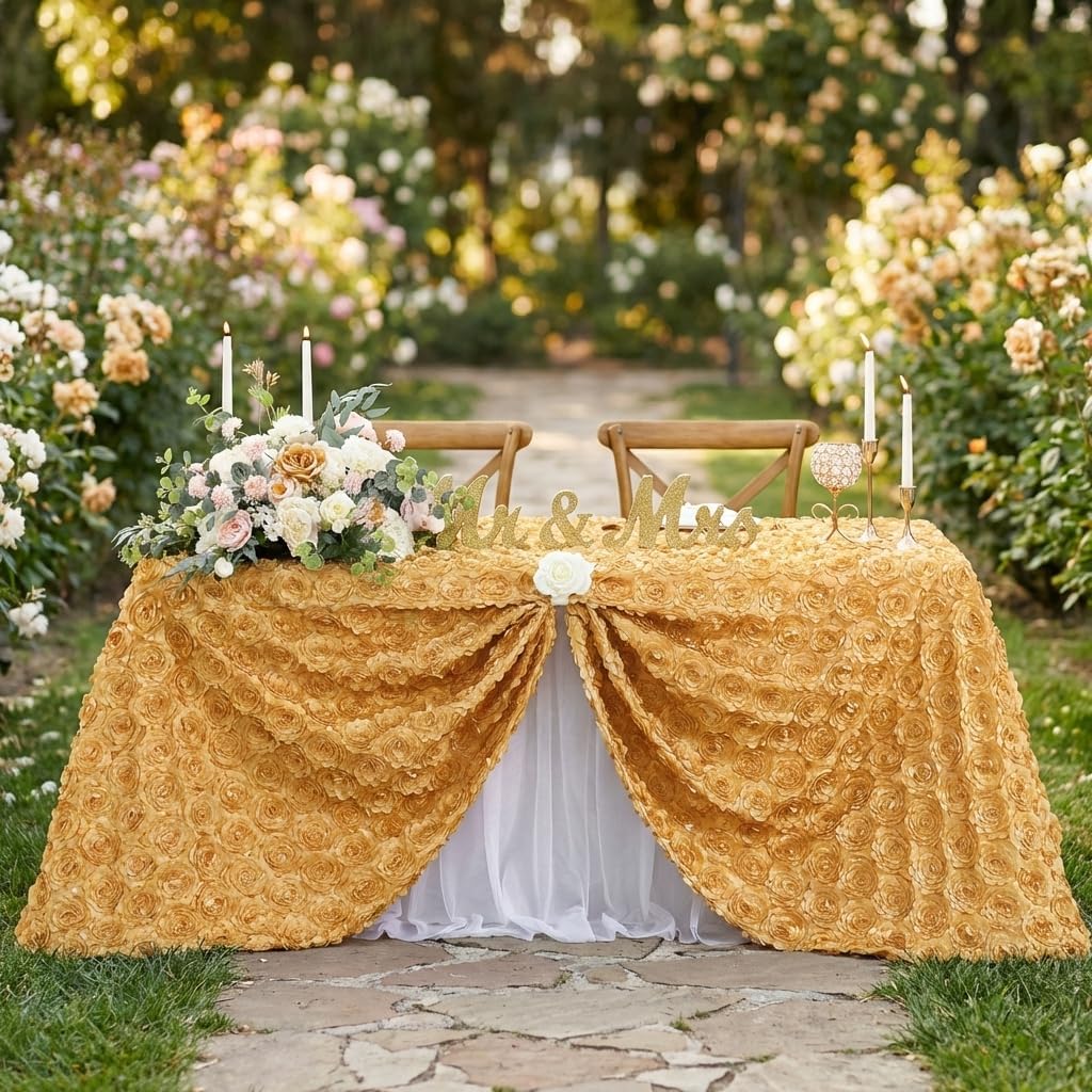 3D Satin Rosette Rectangle Tablecloth 90 x132 Inches Ivory Satin Raised Rosettes Tablecloth for Wedding Baby Shower Event Decoration