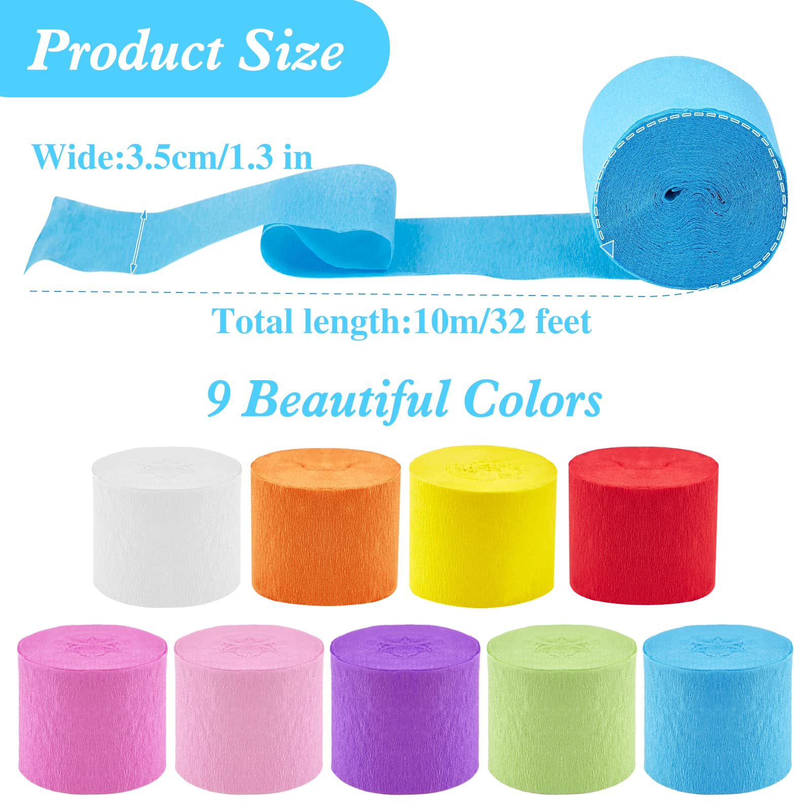 Rouleaux De Papier Crêpon 7 Couleurs - 10 M X 3,5 Cm - Pour Décorations De Fête, Pompons, Guirlandes