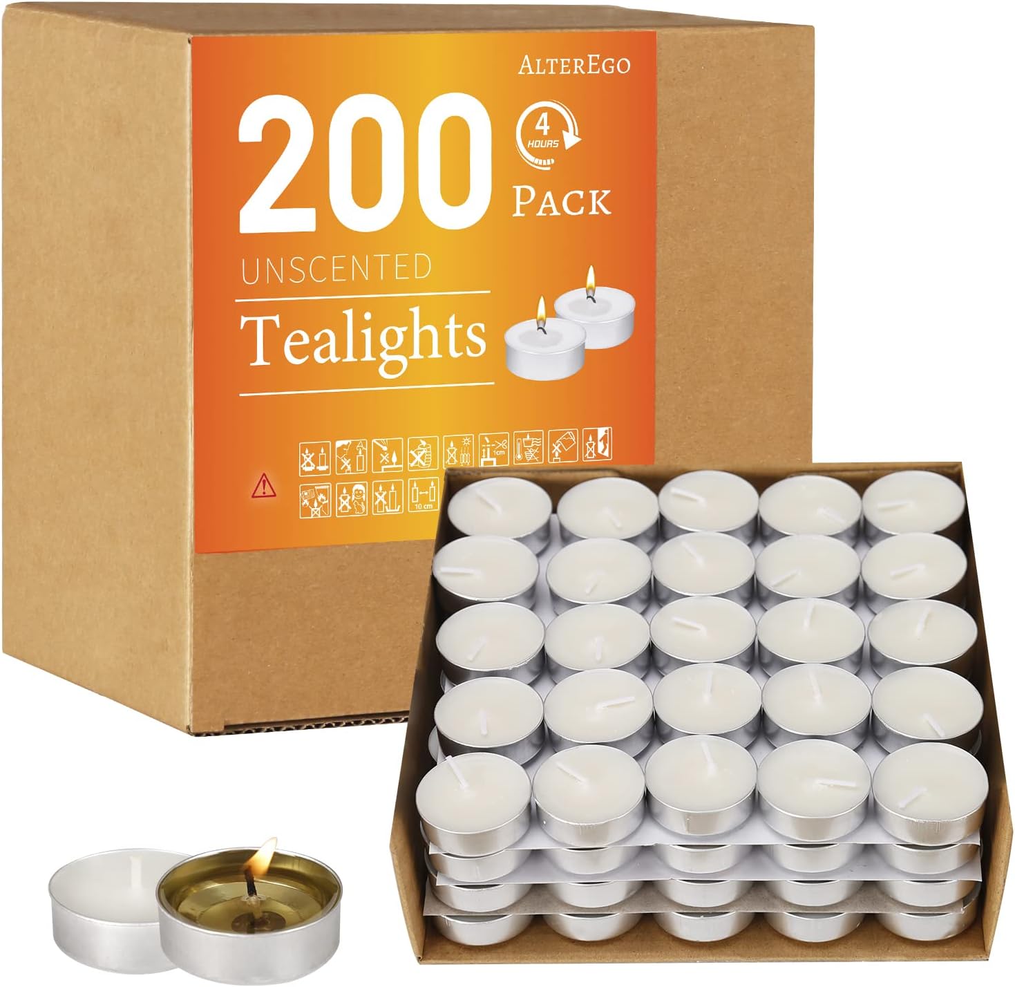 アルミカップキャンドル（ティーライトティン）｜キャンドル通販 AlterEgo 無香ティーライト - ティーライトキャンドル 200個パック - 燃焼時間4時間以上 - クリーンバーニング ホワ