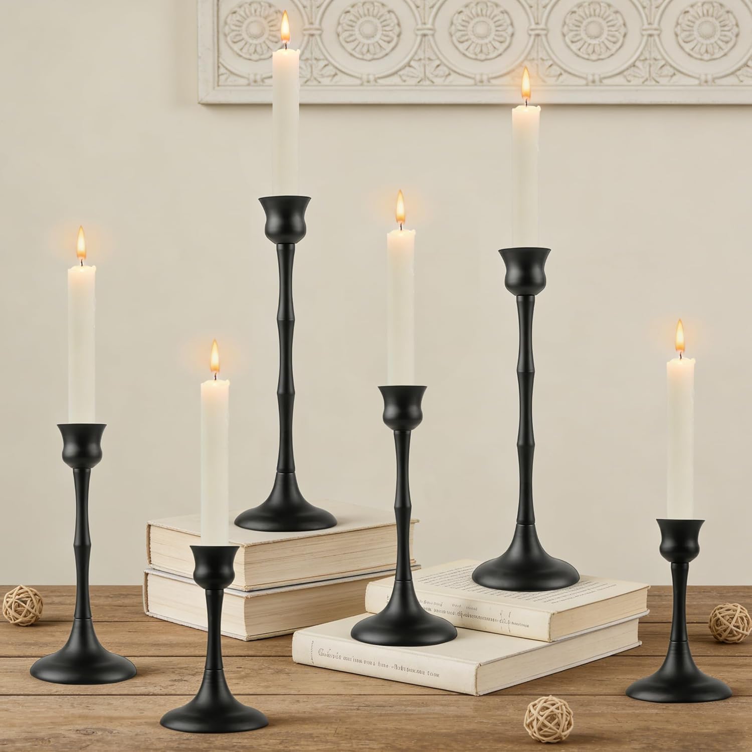 Vintage Metal Candlestick Holders, Set of 6 Black Candle Holders for Candlesticks Antique Taper Candle Stand Candle Sticks Holder for Housewarming Wedding Mantelpiece Table Centerpiece Decor
