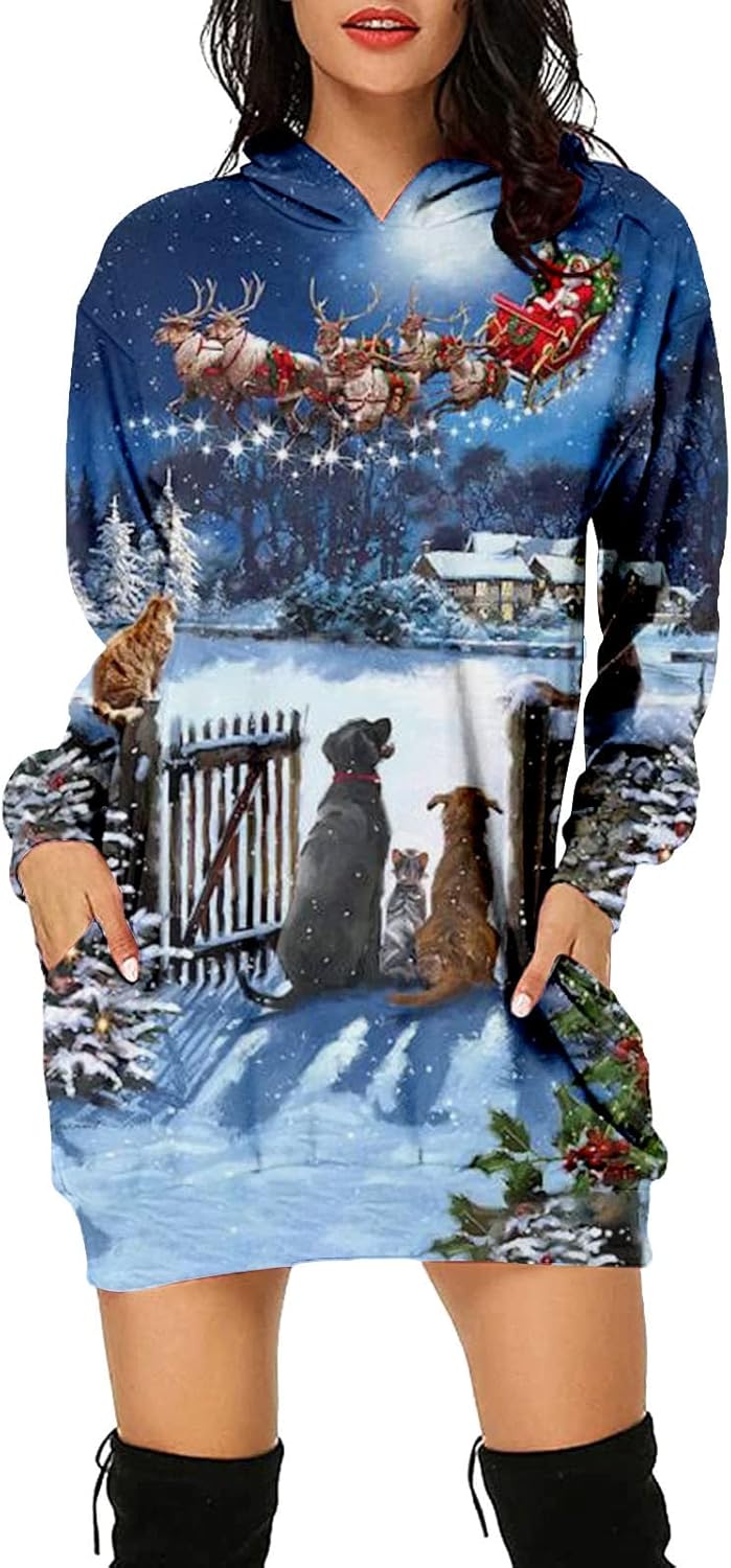 JJHAEVDY  Women Christmas Hoodies Dress Long Sleeve Hooded Tunic Oversized Sweatshirt Pockets Pullover Jumper : Sports & Outdoors