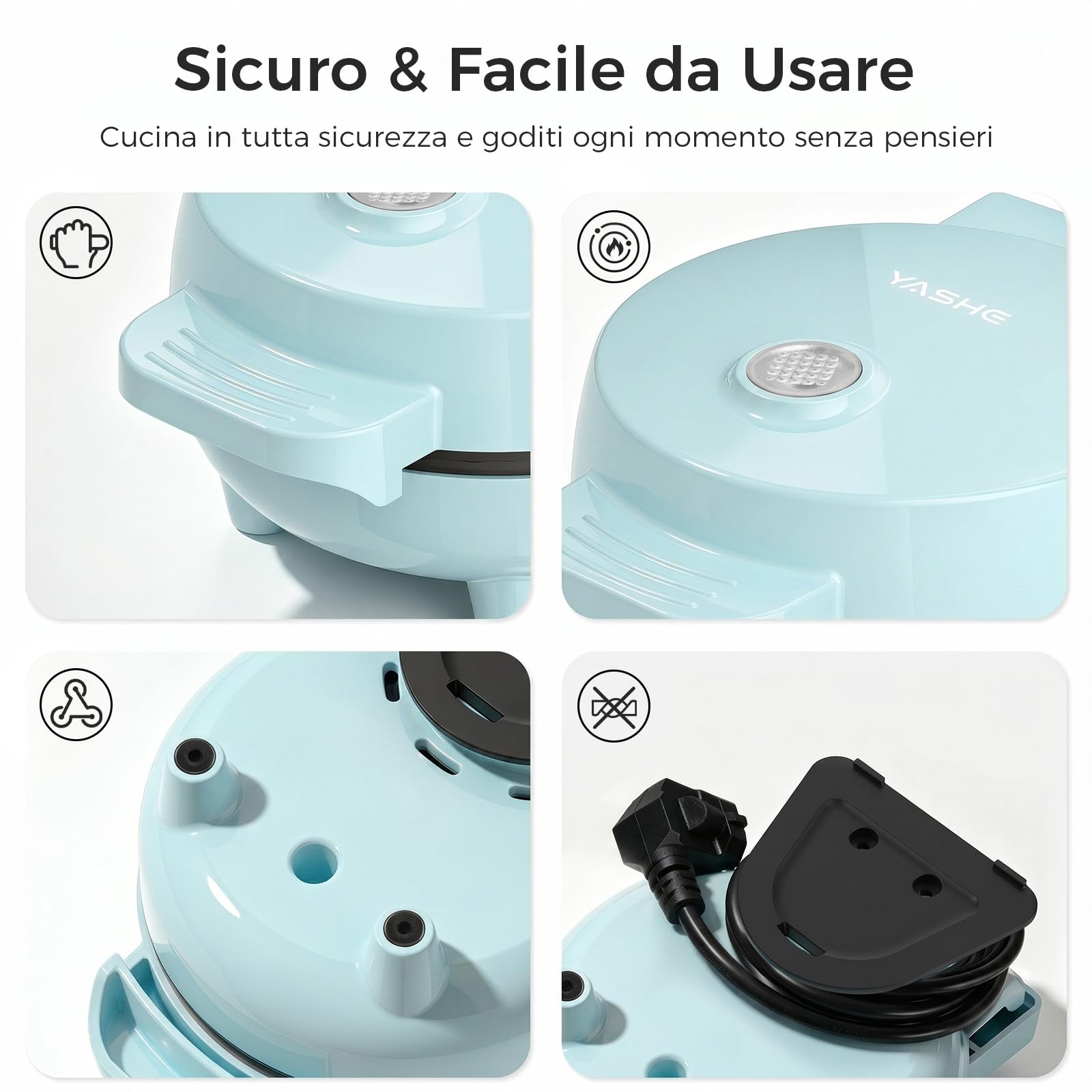 YASHE Mini piastra per waffle, 550 W, mini macchina per waffle con rivestimento antiaderente, spia di controllo, manico Cool Touch, piastra per waffle compatta per colazione, dessert e snack, blu