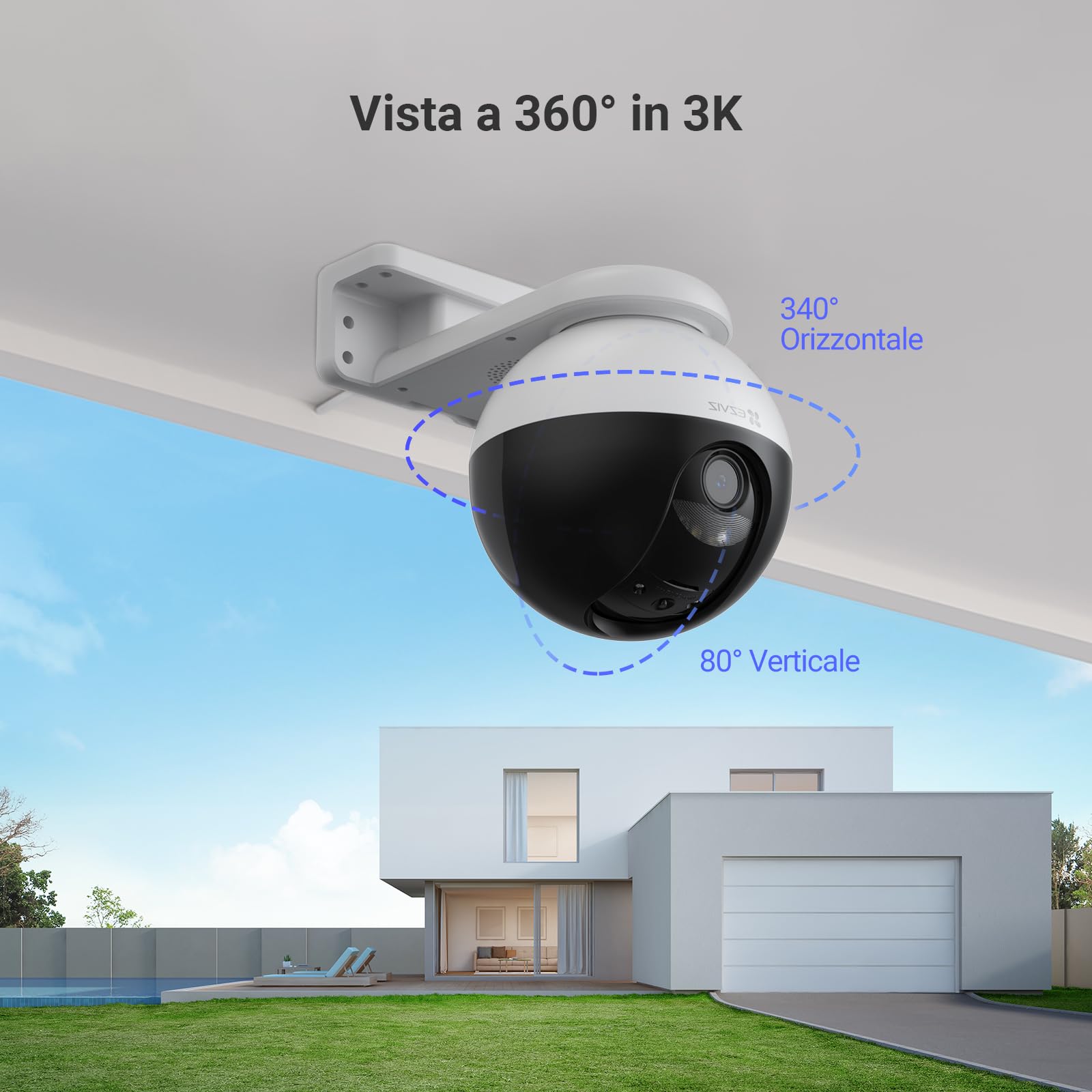 EZVIZ Telecamera Wi-Fi Esterno 3K, Telecamera Motorizzata con Copertura a 360°, Visione Notturna a Colori, Rilevamento di Persone/Veicoli, Tracciamento Zoom Auto, Audio Bidirezionale, C8W Pro 5MP