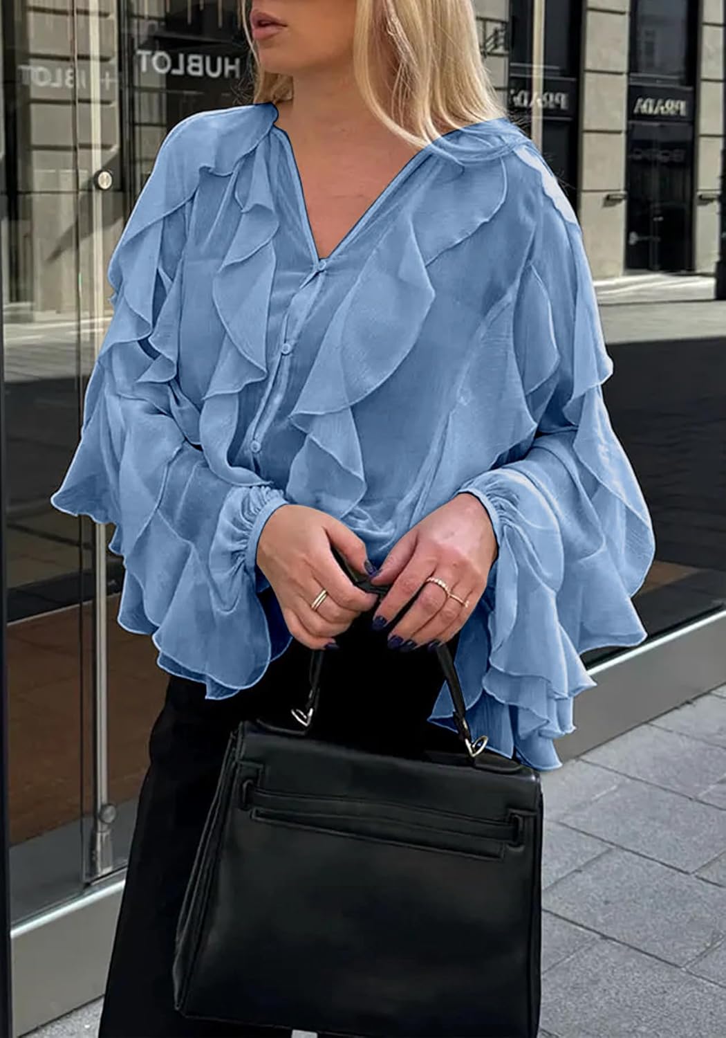 LETSVDO Women's Ruffle Chiffon Tops Puff Sleeve Sheer See Through Button Down V Neck Bubble Loose Casual Blouses Shirts - Image 5