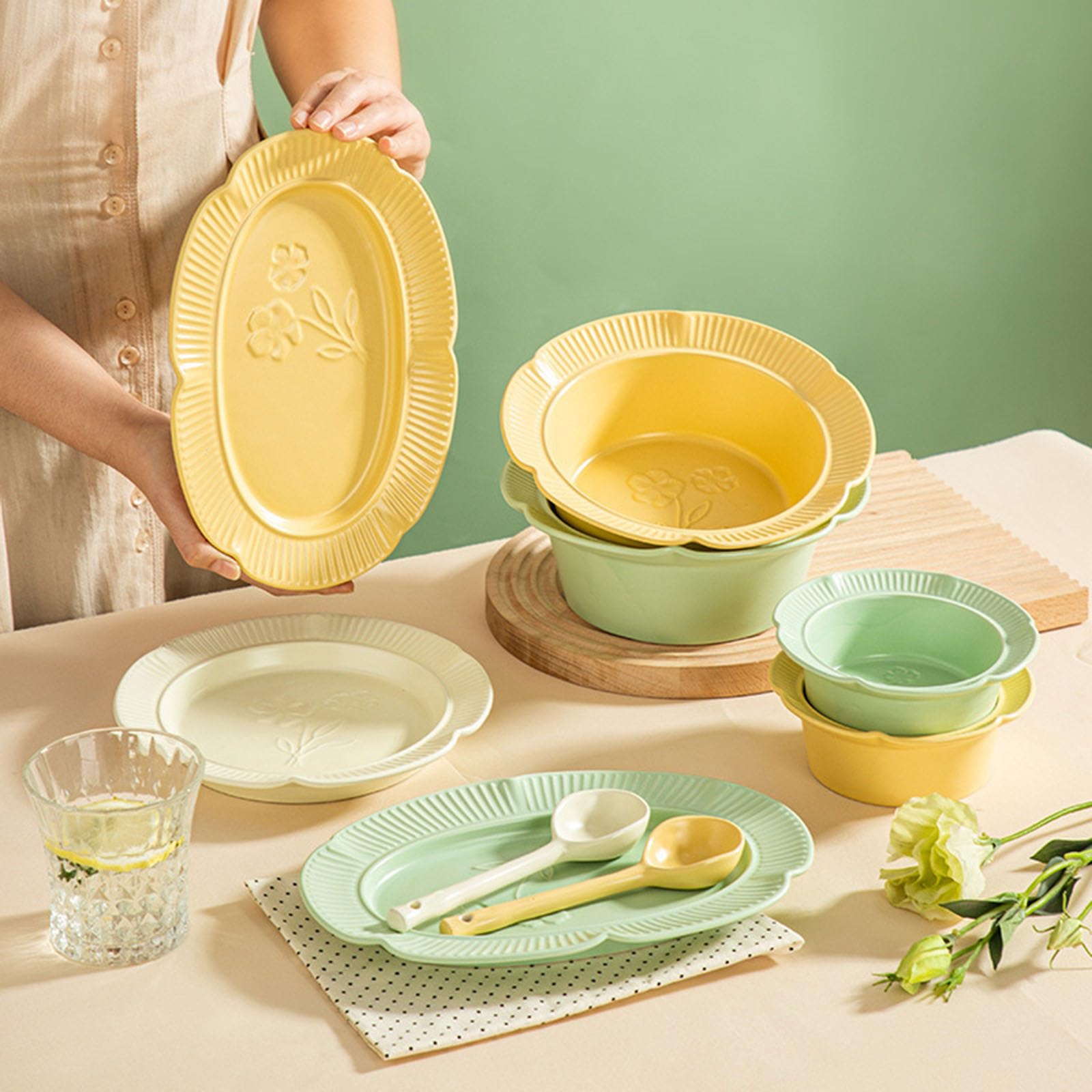 Nudelsuppenschüsseln, Ramenschalen, Müslischalen, Müslischalen Keramik, 800ml Schüssel-Set, Suppenschüsseln, Müslischale, Pudding-Dessertschale,Grün,(Yellow)