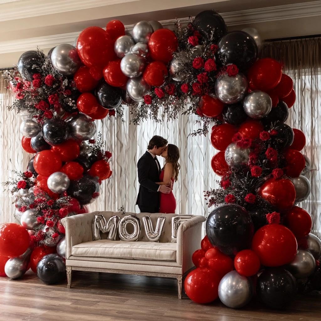 Red Black Balloon Arch, Double Stuffed Dark Ruby Red Black Silver Balloon Garland Kit Burgundy Maroon Balloons for Birthday Wedding Valentines Day Baby Shower Engagement Graduation Party Decor - Image 2