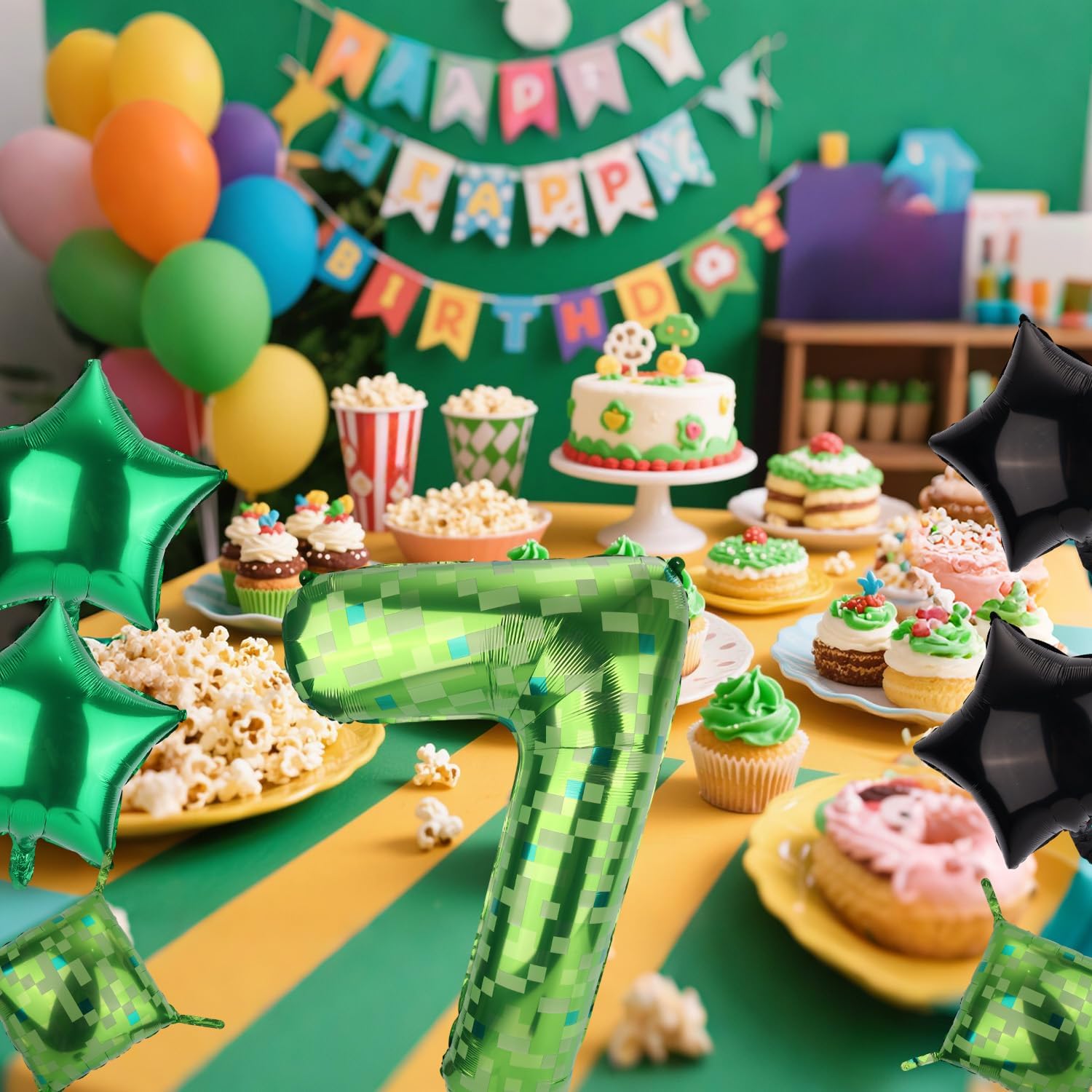 Pixel Balloon Set, 40 Inch/101cm Foil Star Cube Green Number Balloon for Pixel Birthday Game Theme Party Decorations (7)