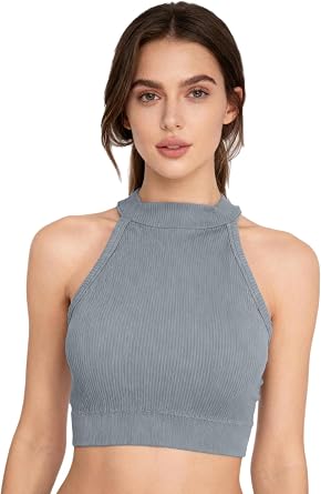 Womens Y2k Halter Crop Tank Ribbed Padded Sleeveless Clubwear Going Out Activewear Vest