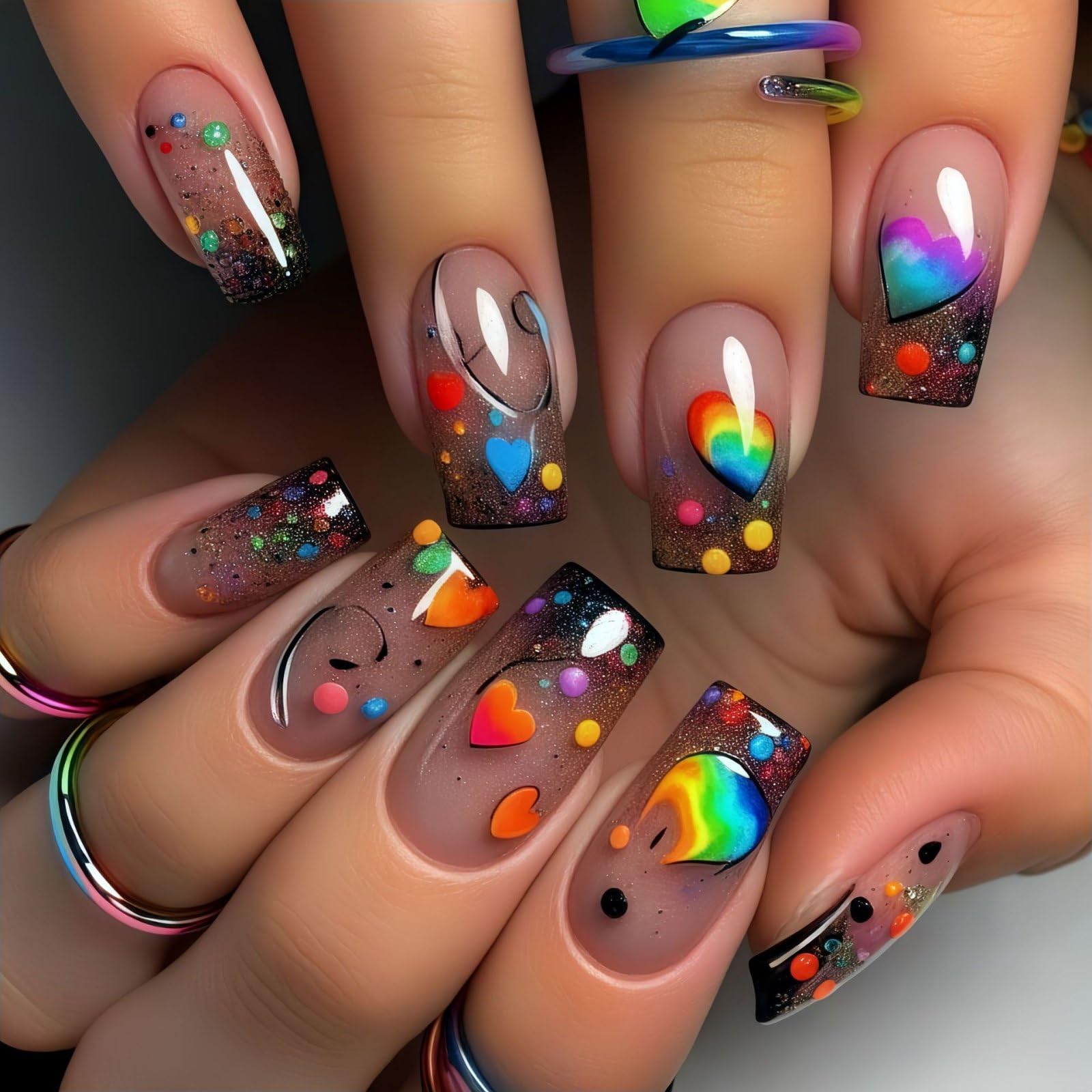 Medium Press on Nails Square Fake Nails Rainbow Hearts Black False Nails Gradient Black French Tip Glue on Nails with Design Glossy Full Cover Colored