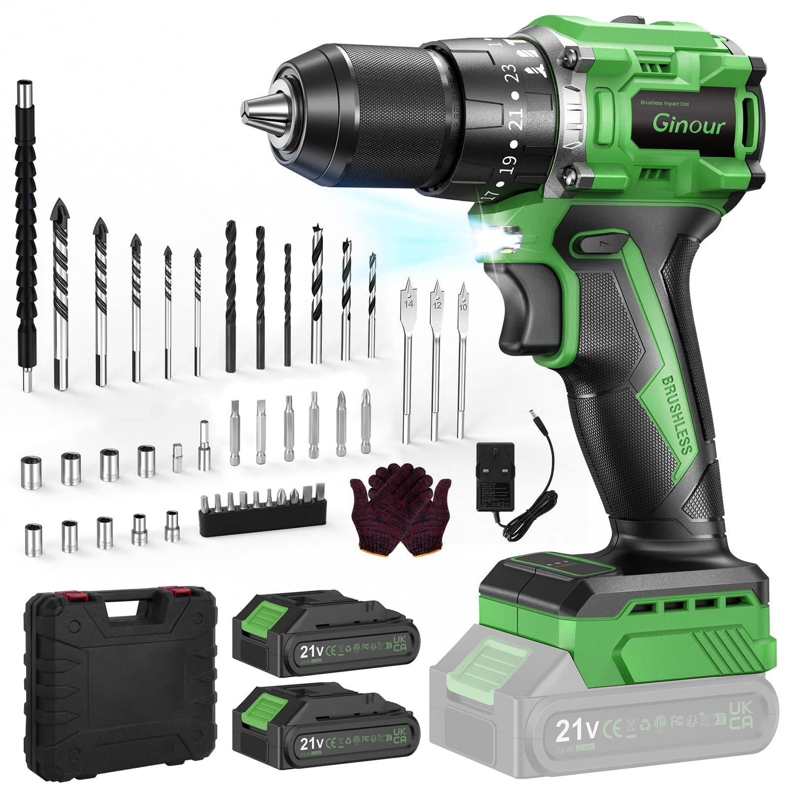 21V Brushless Cordless Combi Drill Set, 2x2.0Ah, Hammer Drill 50Nm, compatible with Makita 18V Battery, 23+3 Torque, 2 Speed, 48PCS Electric Screwdriver kit, Impact drill for Masonry Wood Metal