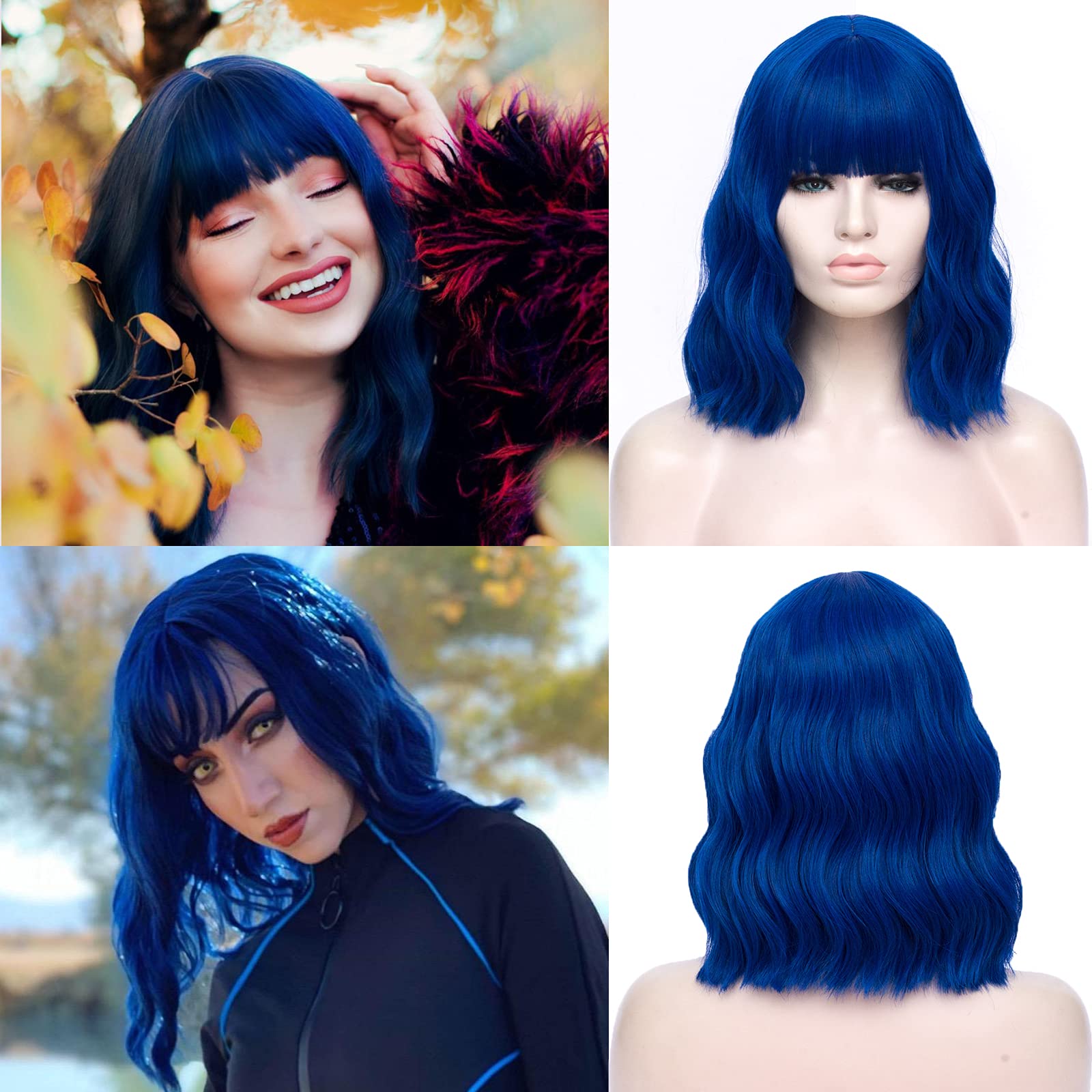 WGPFWIG Women's Blue Wig Short Curly Wavy Wig Shoulder Length Flat Bangs Wig For Women Girl Cosplay Party Halloween Wig Cap Included (Blue)