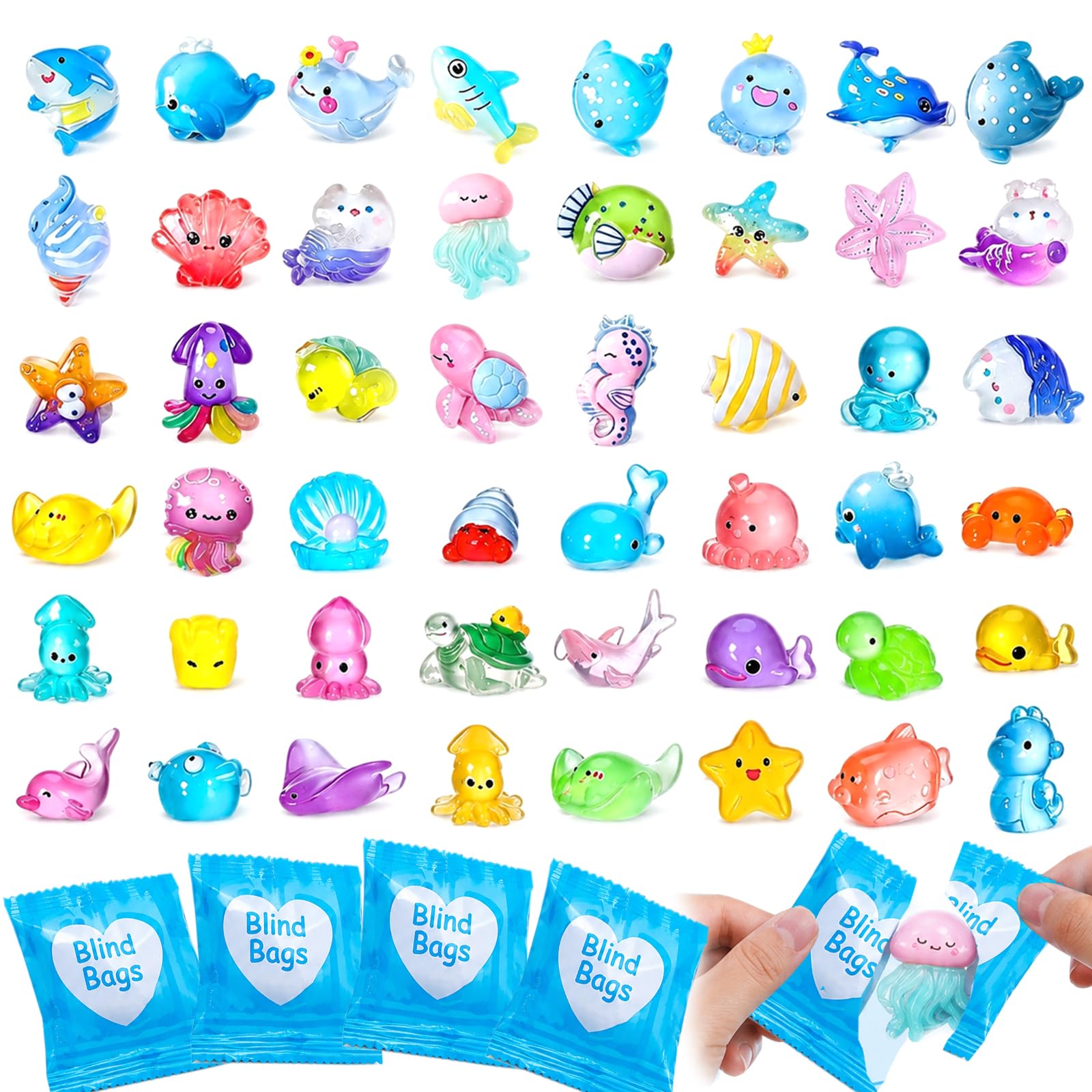 50Pcs Mini Resin Animals Blind Bags, Luminous Resin Animals Mystery Bags, Random Sea Animal Figures, Glow in The Dark Tiny Mini Toys for Party Favors, DIY Fish Tank, Dollhouse, Fairy Garden Decor