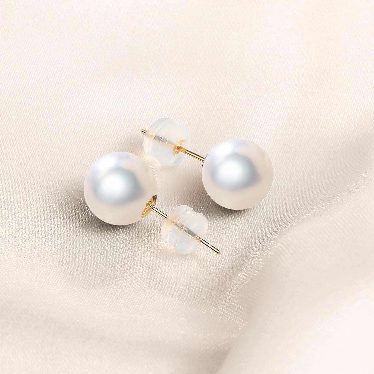 White Akoya Pearl Earrings, Round AAAA Pearls,18K Gold Stud Pearl Earrings Hypoallergenic with Real Genuine Cultured Pearls Luxury Jewelry Gift For Women
