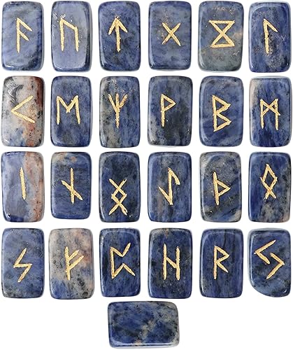Miniatura 17 de Crocon Runas de jaspe de frutas con forma rectangular de piedras preciosas con alfabeto Futhark de saúco grabado, 25 piezas, juego de runas