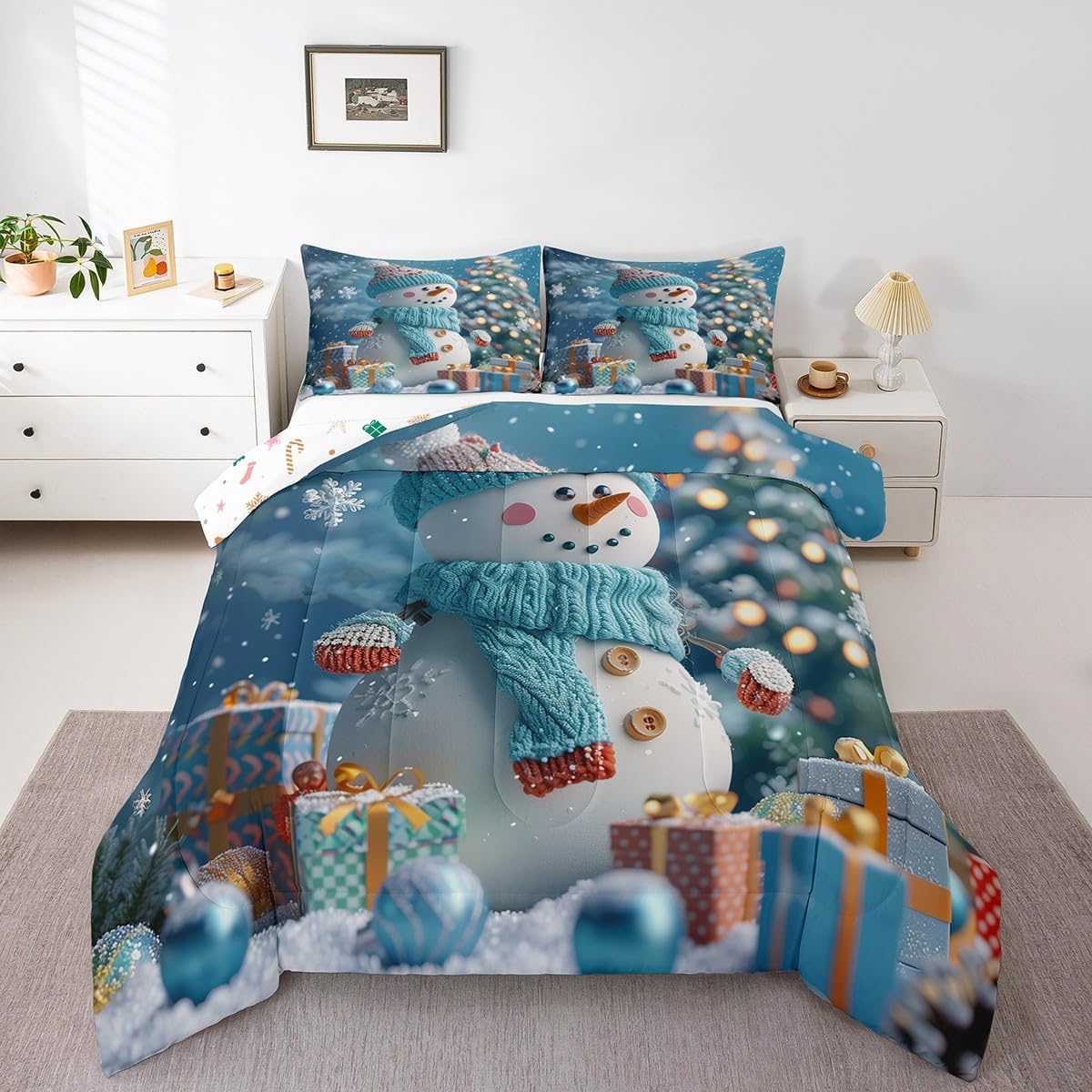 Cartoon Snowman Comforter Set Queen Size,Polka Dot Merry Christmas Bedding Set for Kids Boys Girls Room Decor,Winter Xmas Theme Duvet Insert 3Pcs,Snowflake Christmas Tree Quilt Set,2 Pillowcases