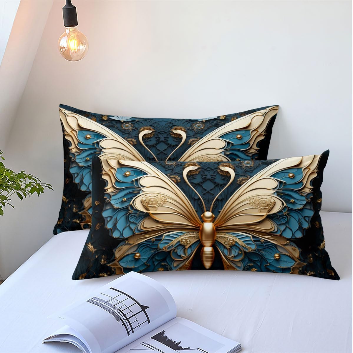 CCoutueChen King Size Butterfly Comforter Set European Vintage Style Butterfly Print Comforter Bedding Set 3D Exquisite Blue Gold Butterfly Microfiber Quilt Set 3 Pcs Soft Fluffy Comforter